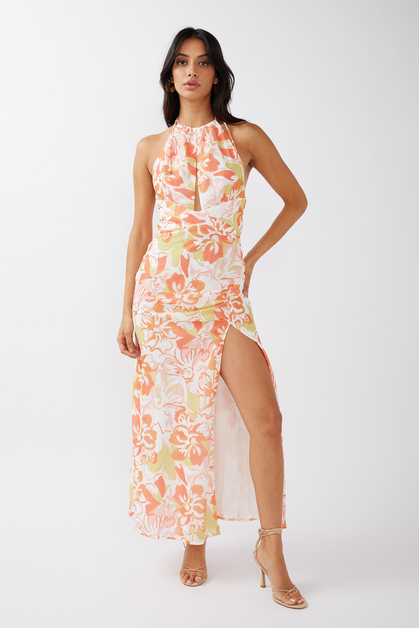 Nirvana Halterneck Split Midi Dress Floral Orange by Selfie Leslie Australia