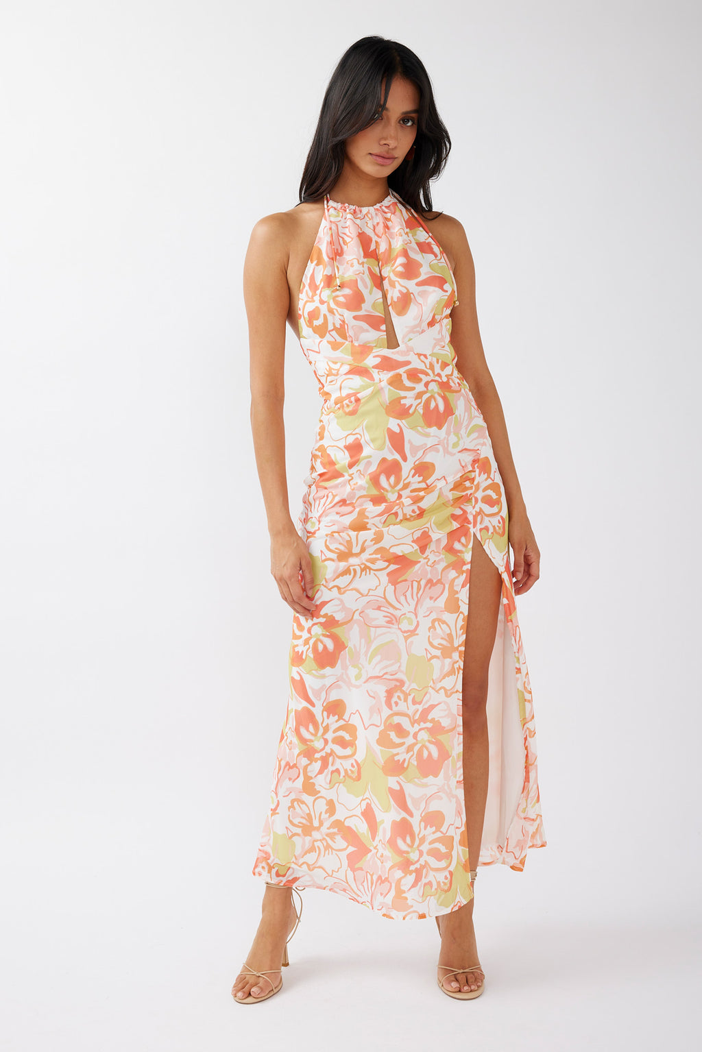 Nirvana Halterneck Split Midi Dress Floral Orange by Selfie Leslie Australia