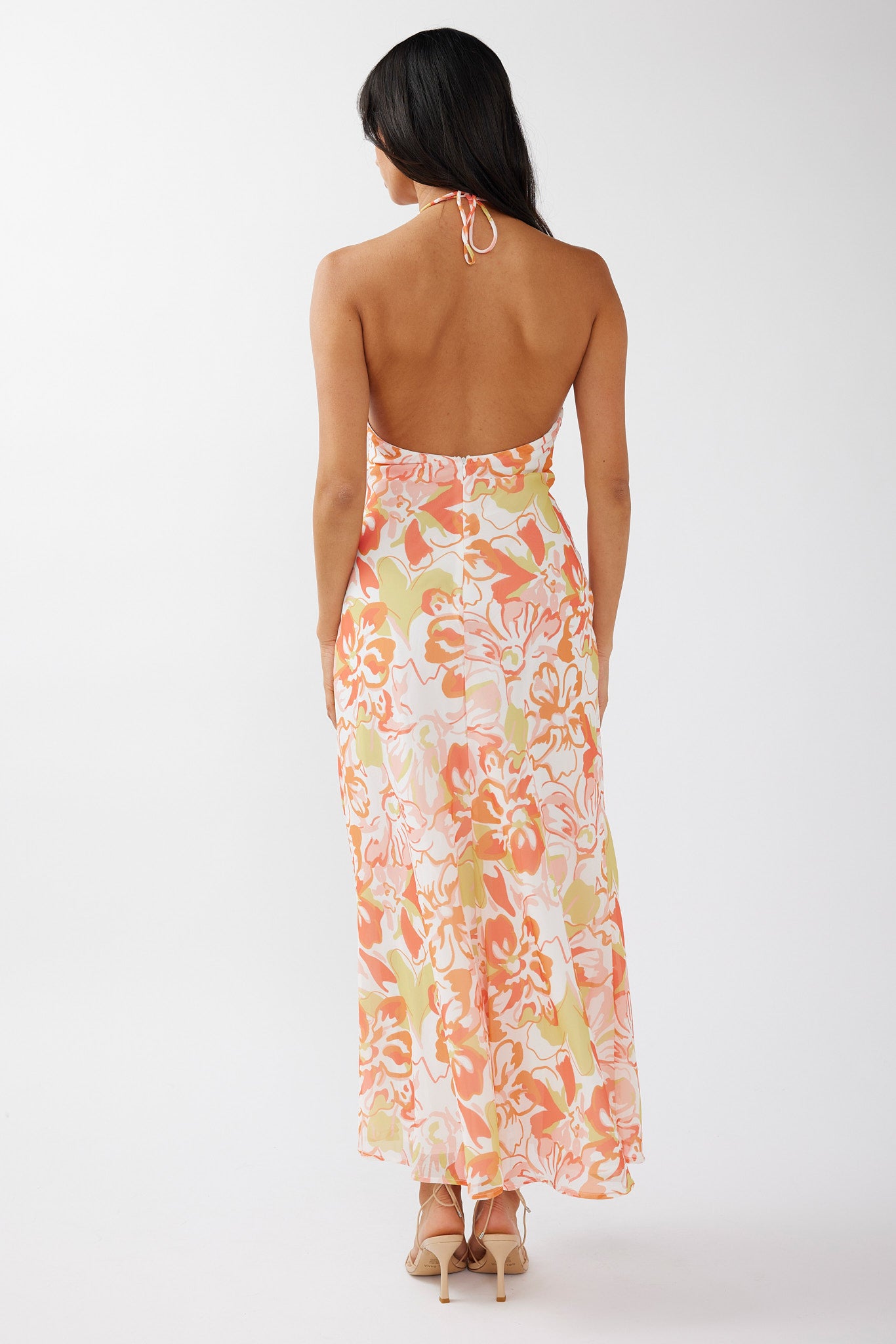 Nirvana Halterneck Split Midi Dress Floral Orange by Selfie Leslie Australia