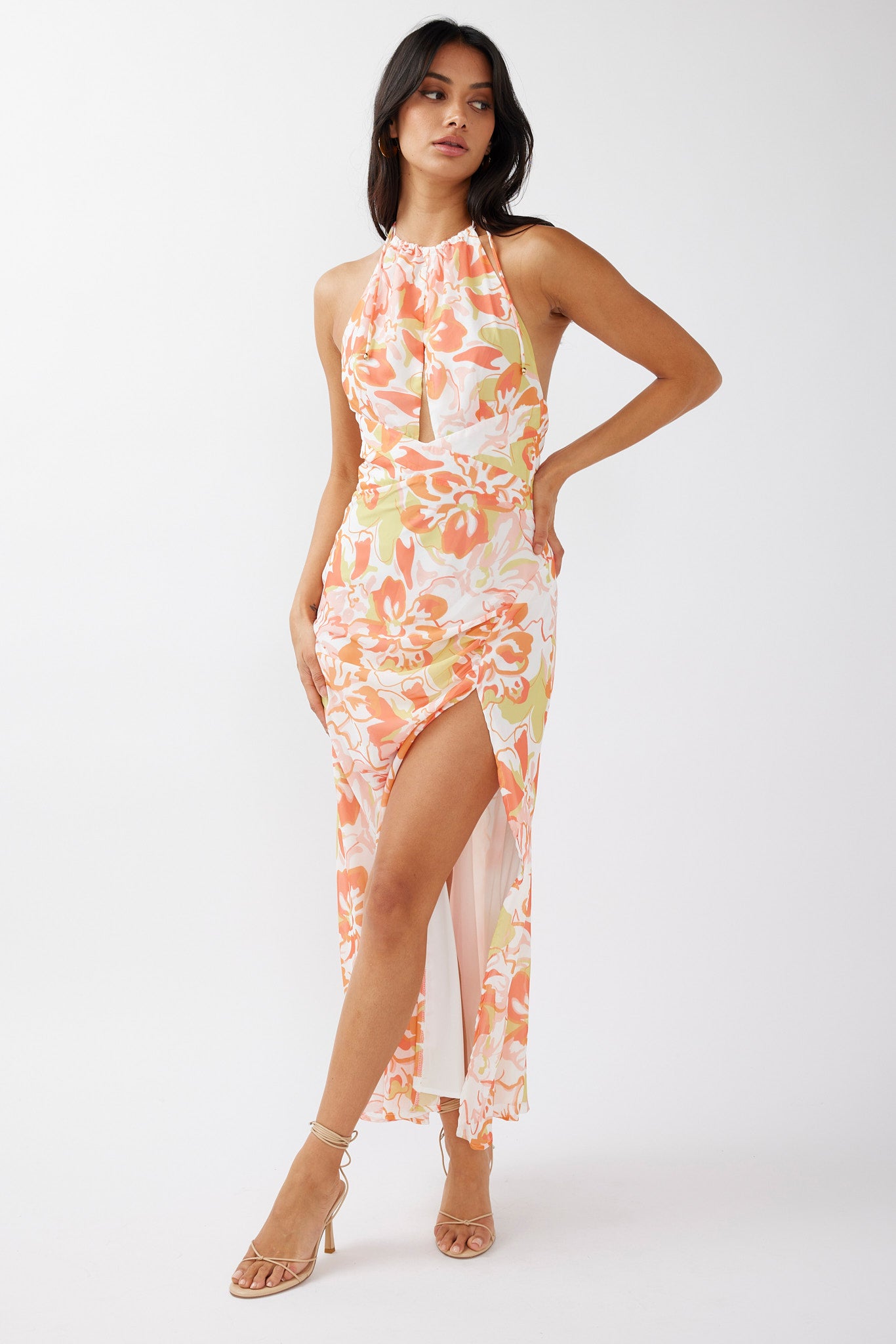 Nirvana Halterneck Split Midi Dress Floral Orange by Selfie Leslie Australia