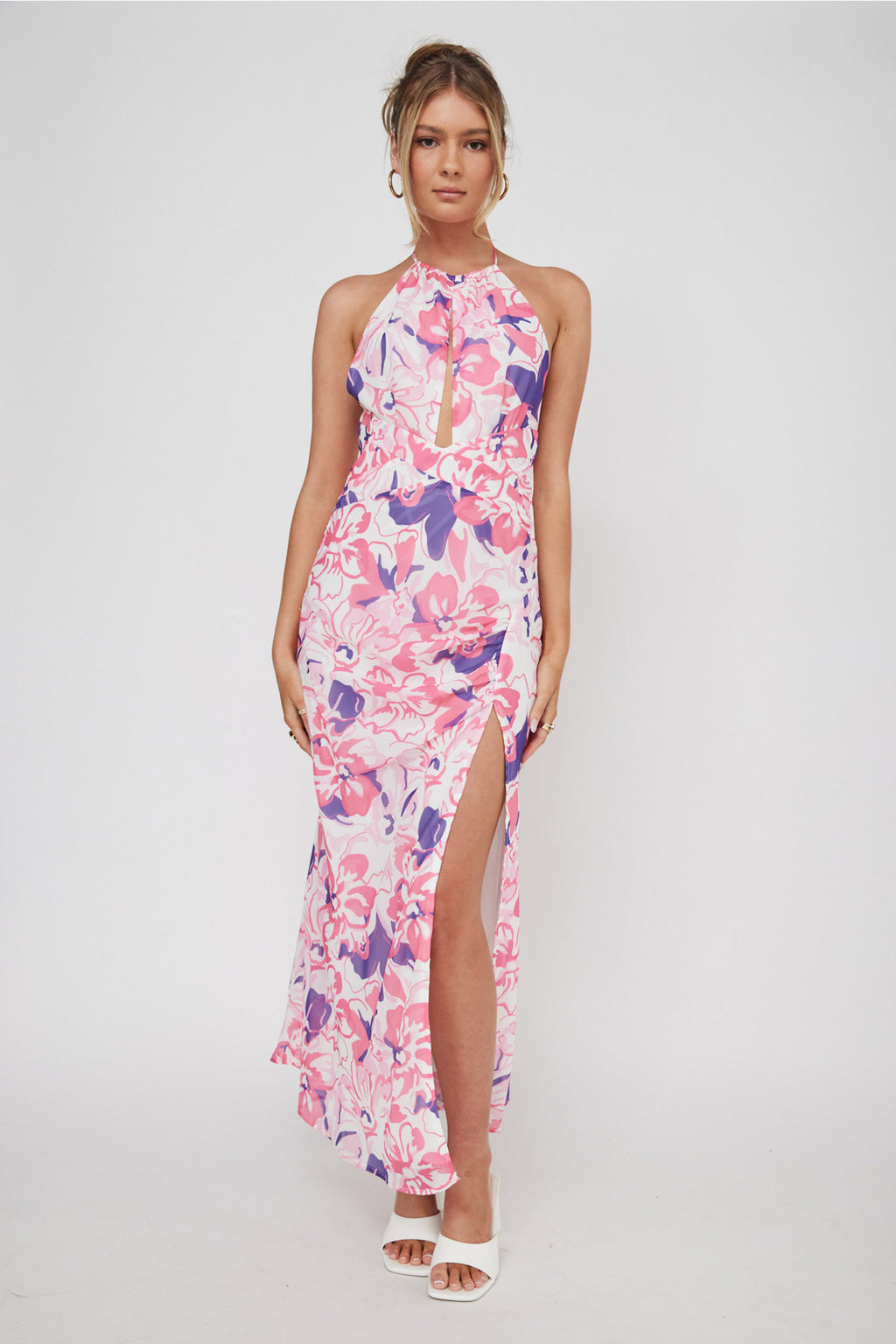 Nirvana Halterneck Split Midi Dress Floral Pink by Selfie Leslie Australia