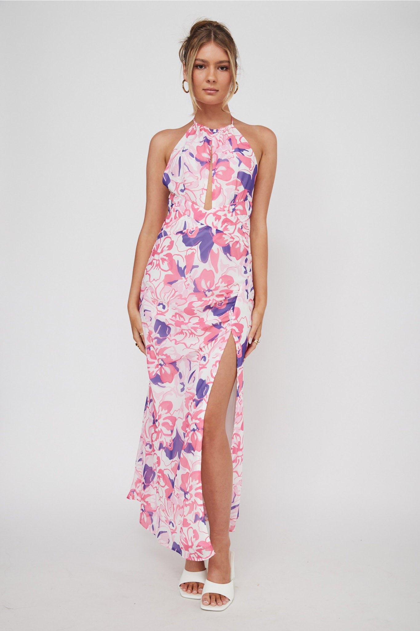 Nirvana Halterneck Split Midi Dress Floral Pink by Selfie Leslie Australia