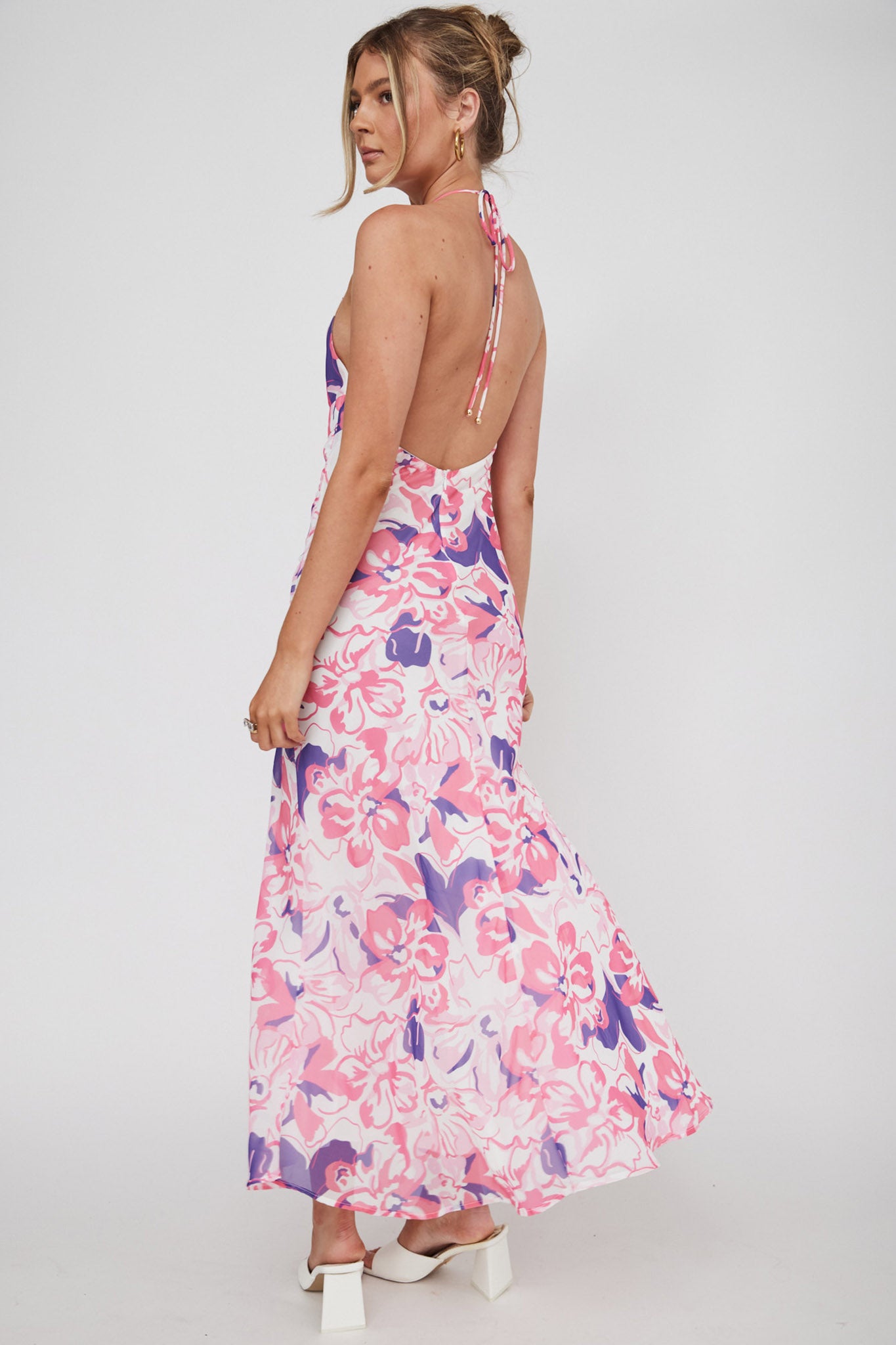 Nirvana Halterneck Split Midi Dress Floral Pink by Selfie Leslie Australia