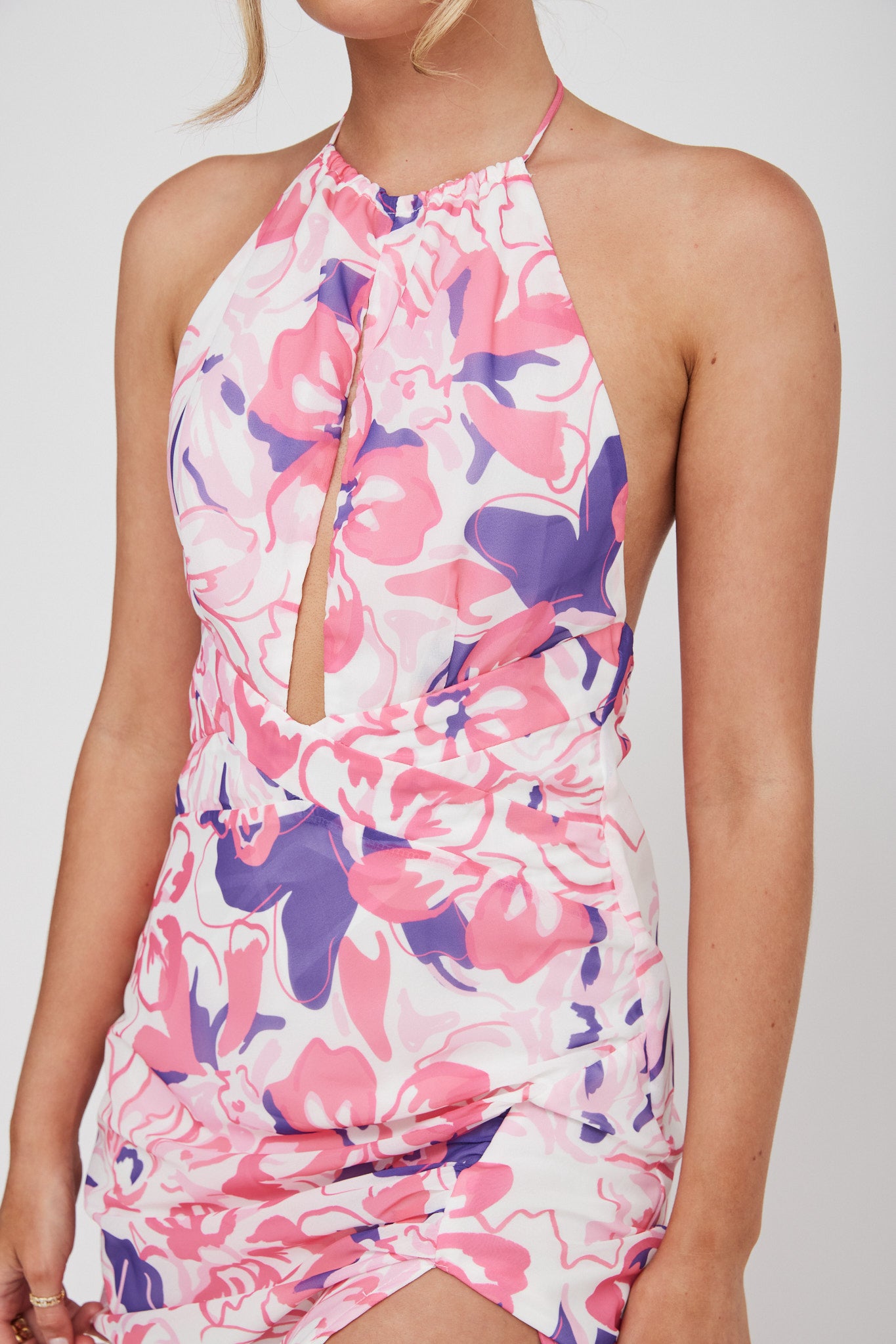 Nirvana Halterneck Split Midi Dress Floral Pink by Selfie Leslie Australia