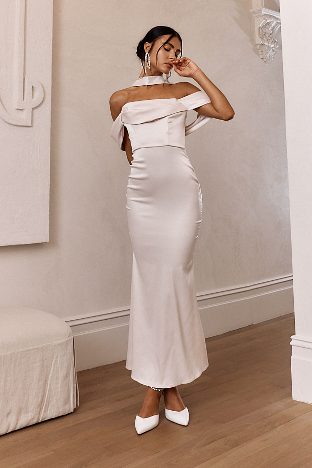 Eclipse Draped Sleeve Midi Dress Beige by Selfie Leslie Australia
