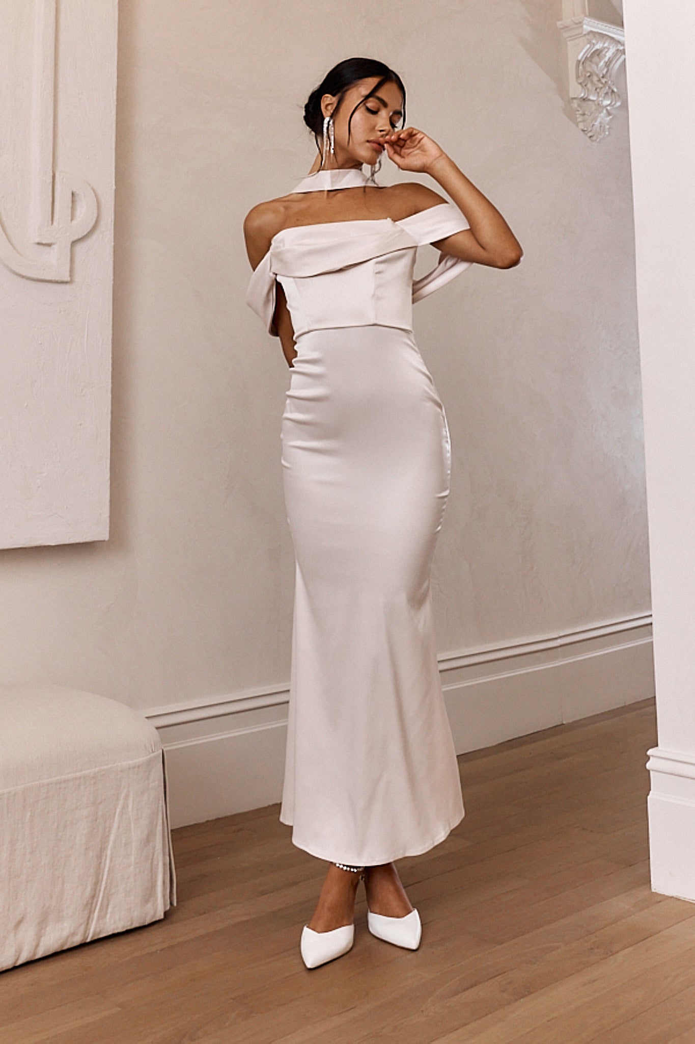 Eclipse Draped Sleeve Midi Dress Beige by Selfie Leslie Australia