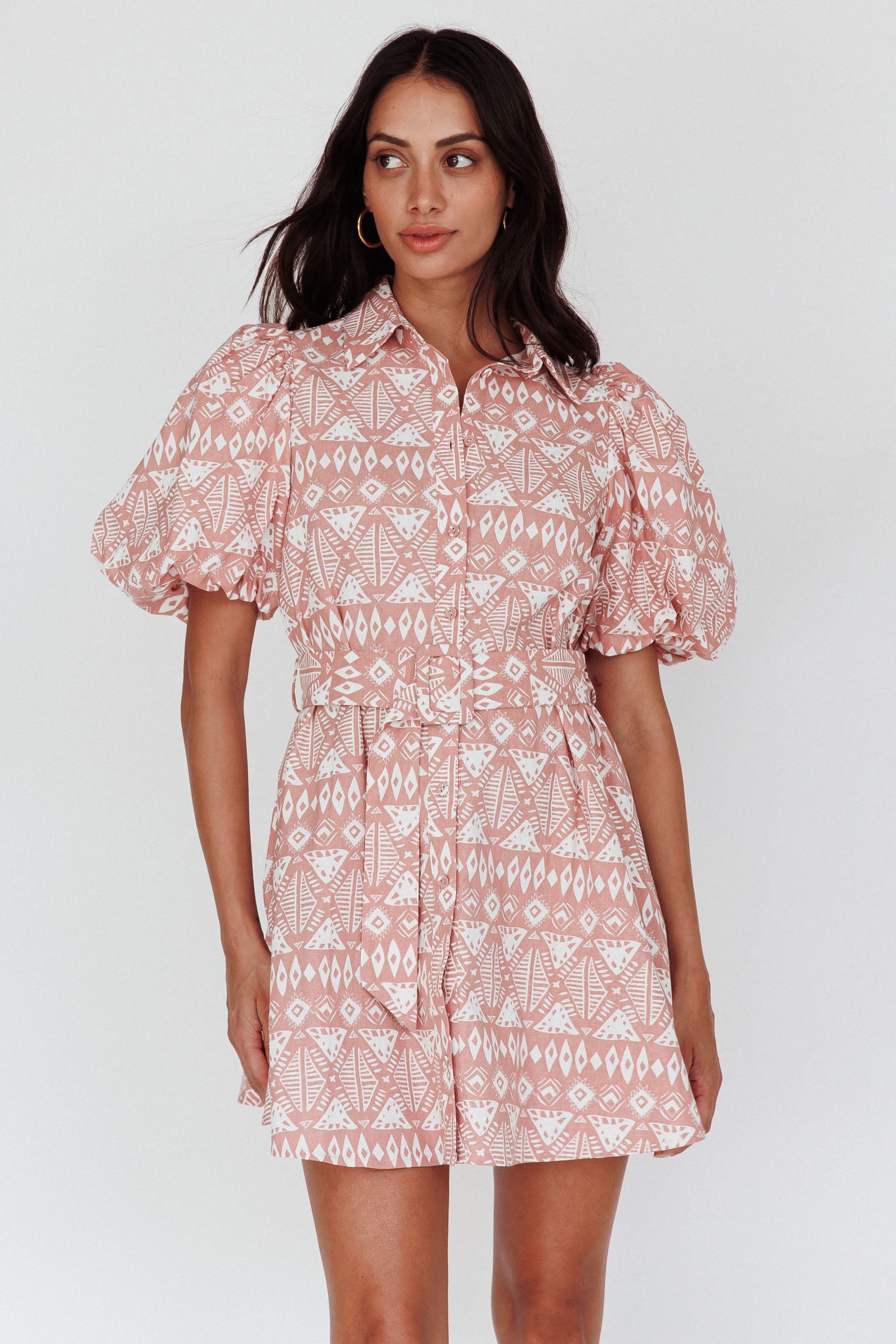 Nanette Puff Sleeve Belted Mini Dress Print Rose by Selfie Leslie Australia