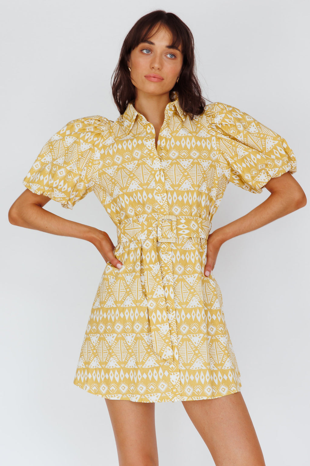 Nanette Puff Sleeve Belted Mini Dress Print Yellow by Selfie Leslie Australia