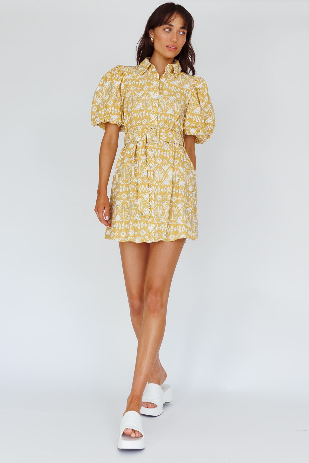 Nanette Puff Sleeve Belted Mini Dress Print Yellow by Selfie Leslie Australia