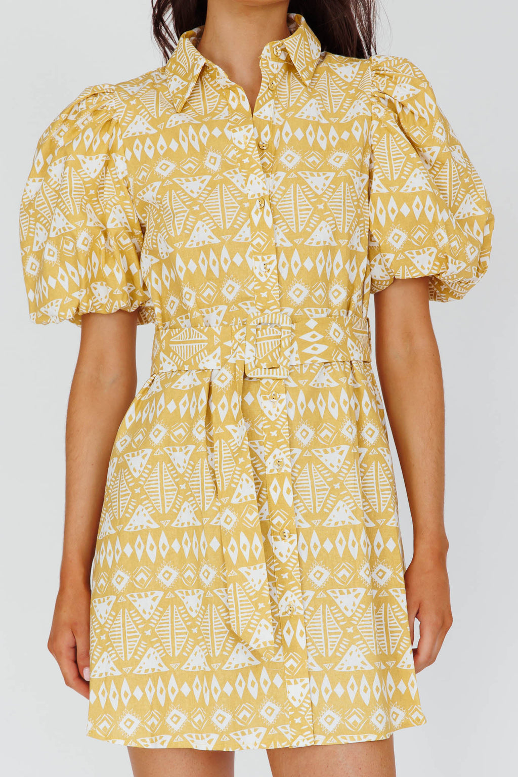Nanette Puff Sleeve Belted Mini Dress Print Yellow by Selfie Leslie Australia