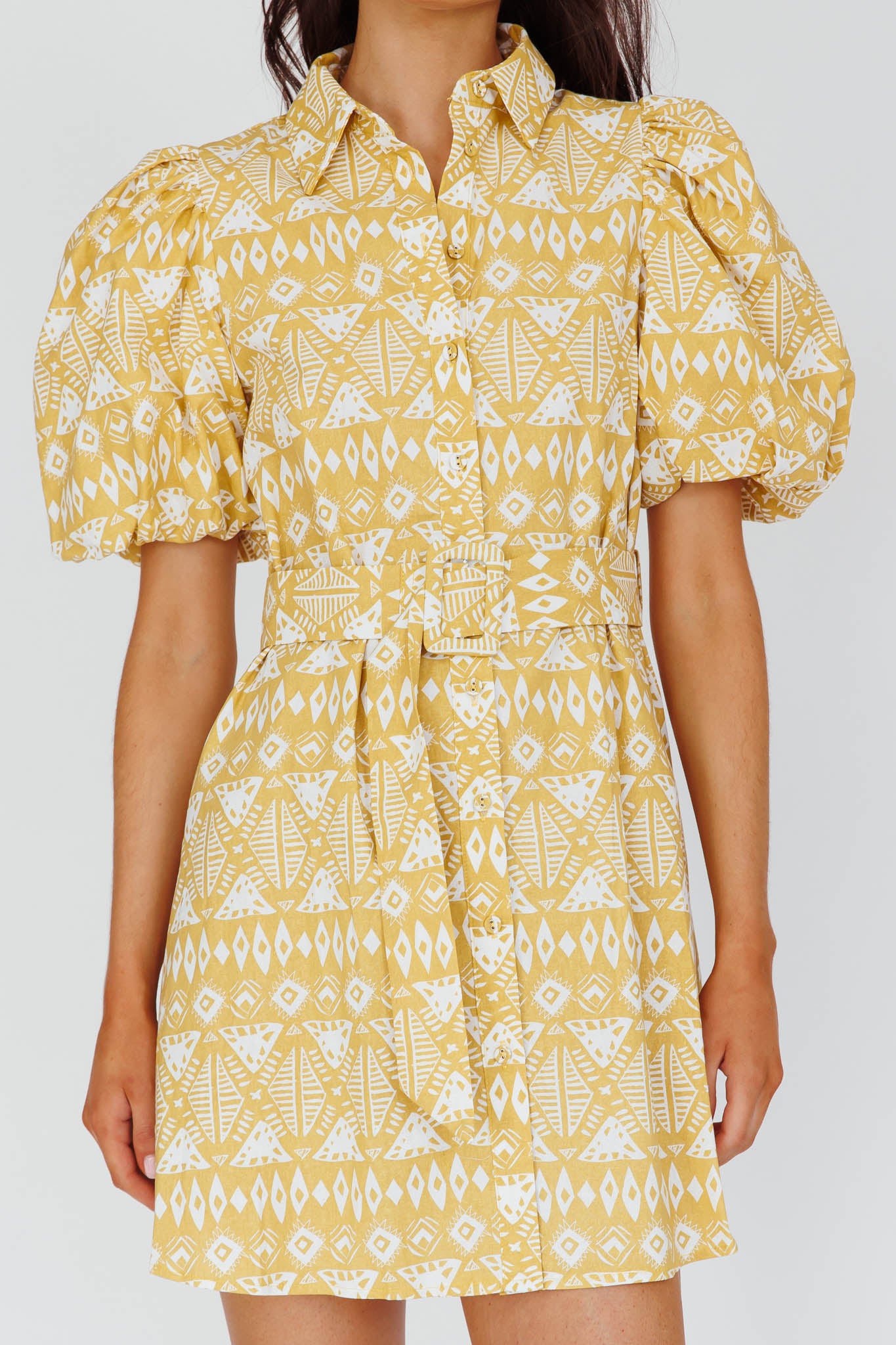 Nanette Puff Sleeve Belted Mini Dress Print Yellow by Selfie Leslie Australia