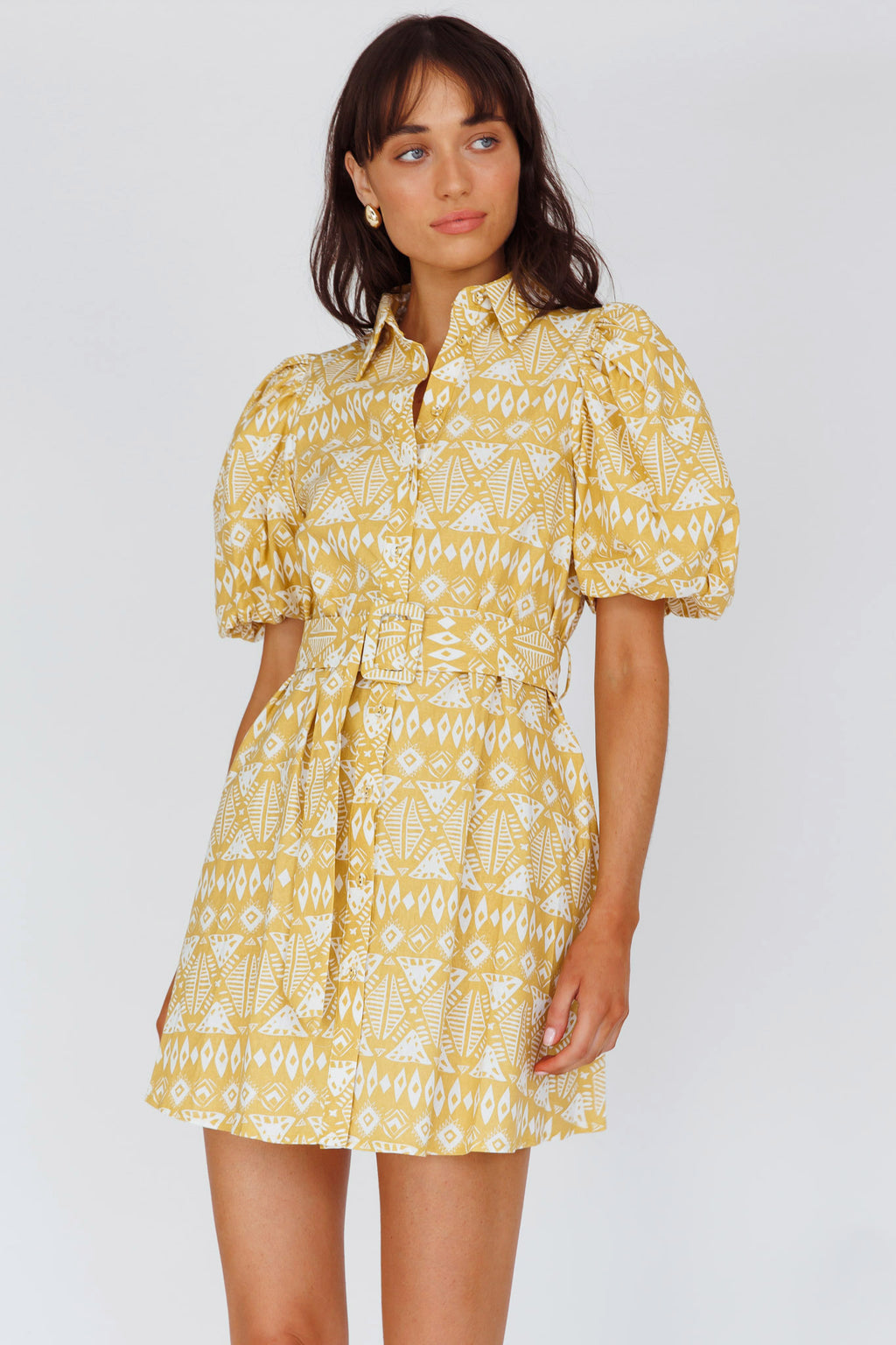 Nanette Puff Sleeve Belted Mini Dress Print Yellow by Selfie Leslie Australia
