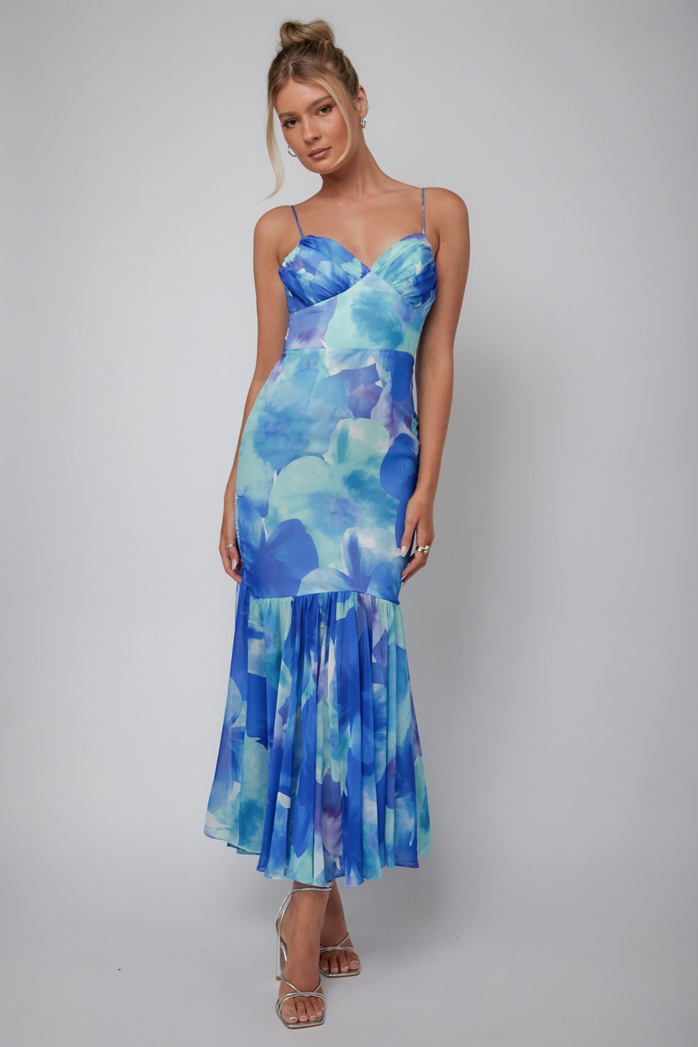 Sunni Low Back Midi Dress Floral Blue by Selfie Leslie Australia