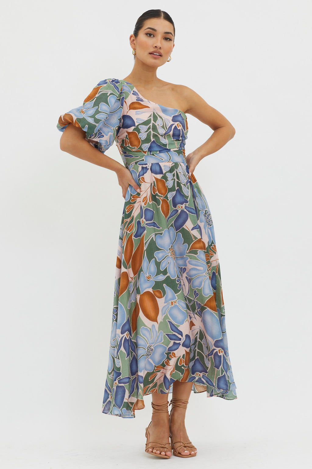 Jayni Puffed One Shoulder Midi Dress Blue by Selfie Leslie Australia