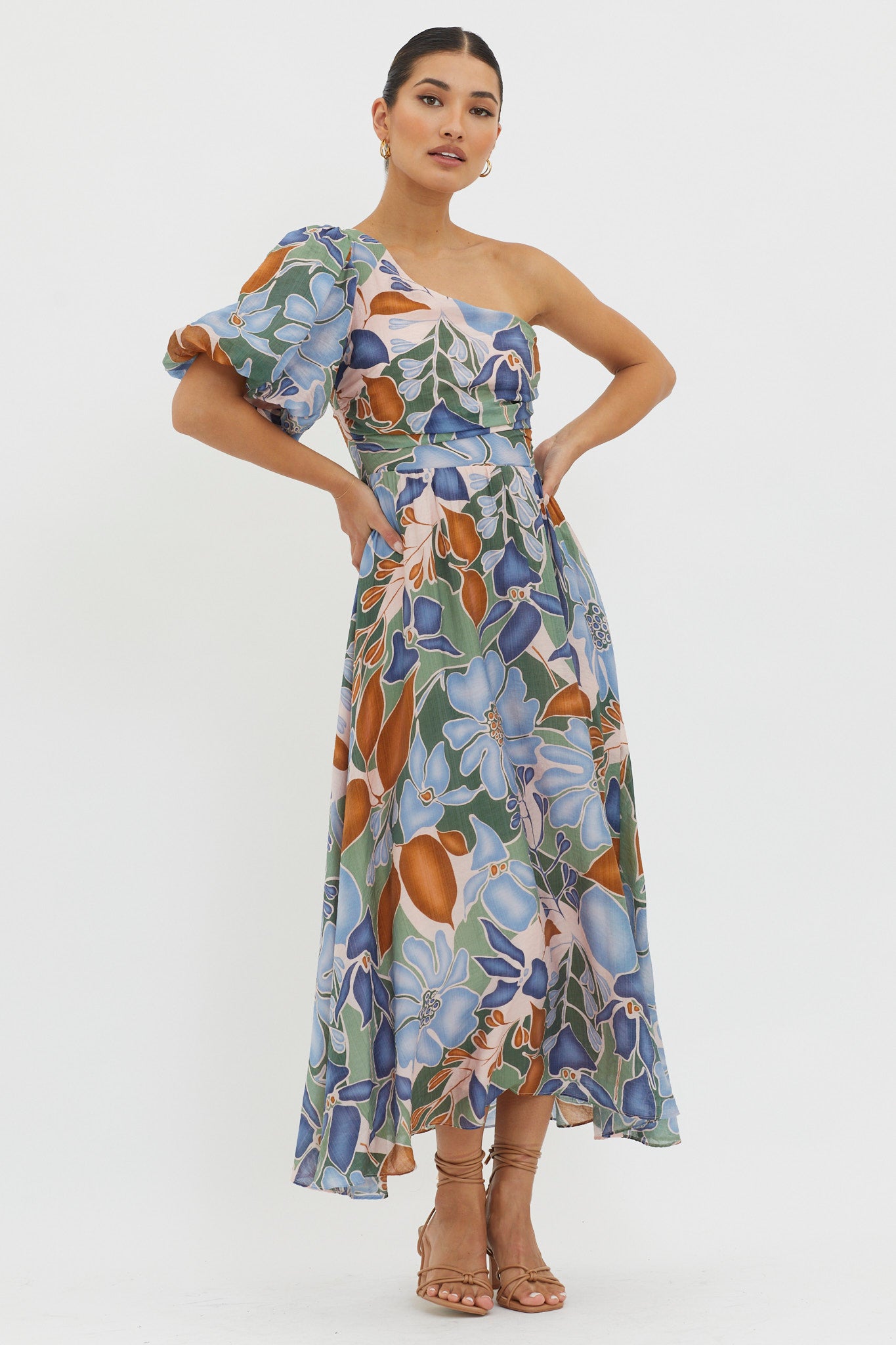 Jayni Puffed One Shoulder Midi Dress Blue by Selfie Leslie Australia