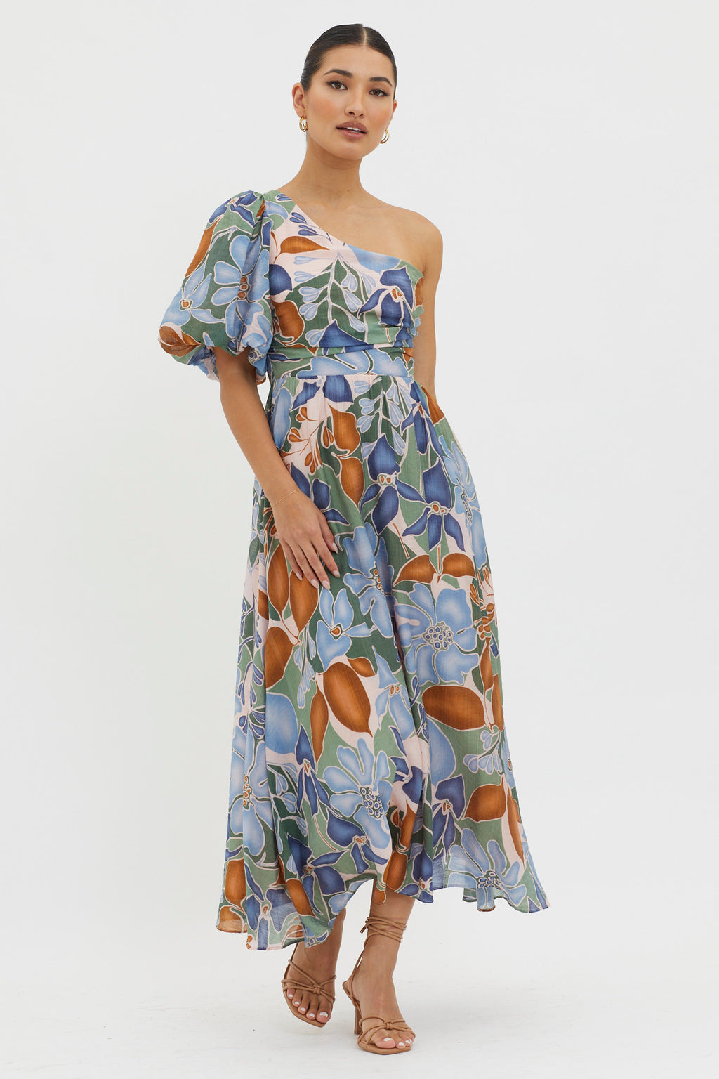 Jayni Puffed One Shoulder Midi Dress Blue by Selfie Leslie Australia