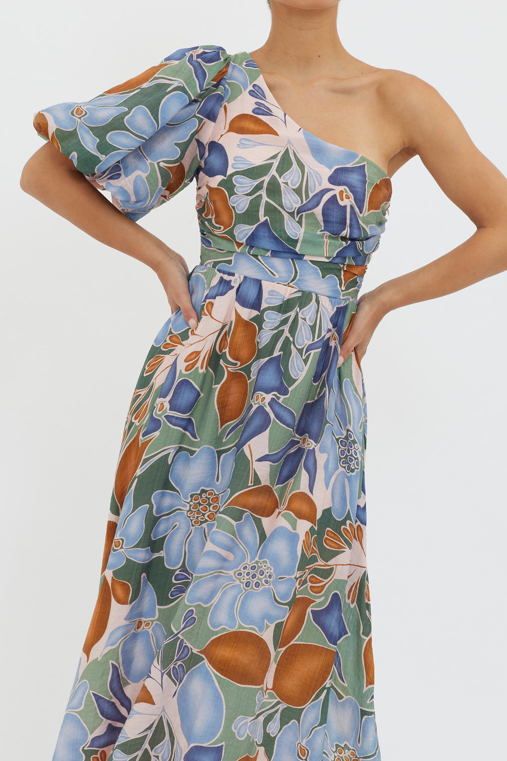 Jayni Puffed One Shoulder Midi Dress Blue by Selfie Leslie Australia