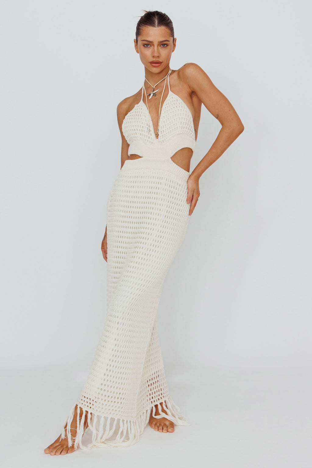 Lelei Crochet Open Back Maxi Dress Beige by Selfie Leslie Australia