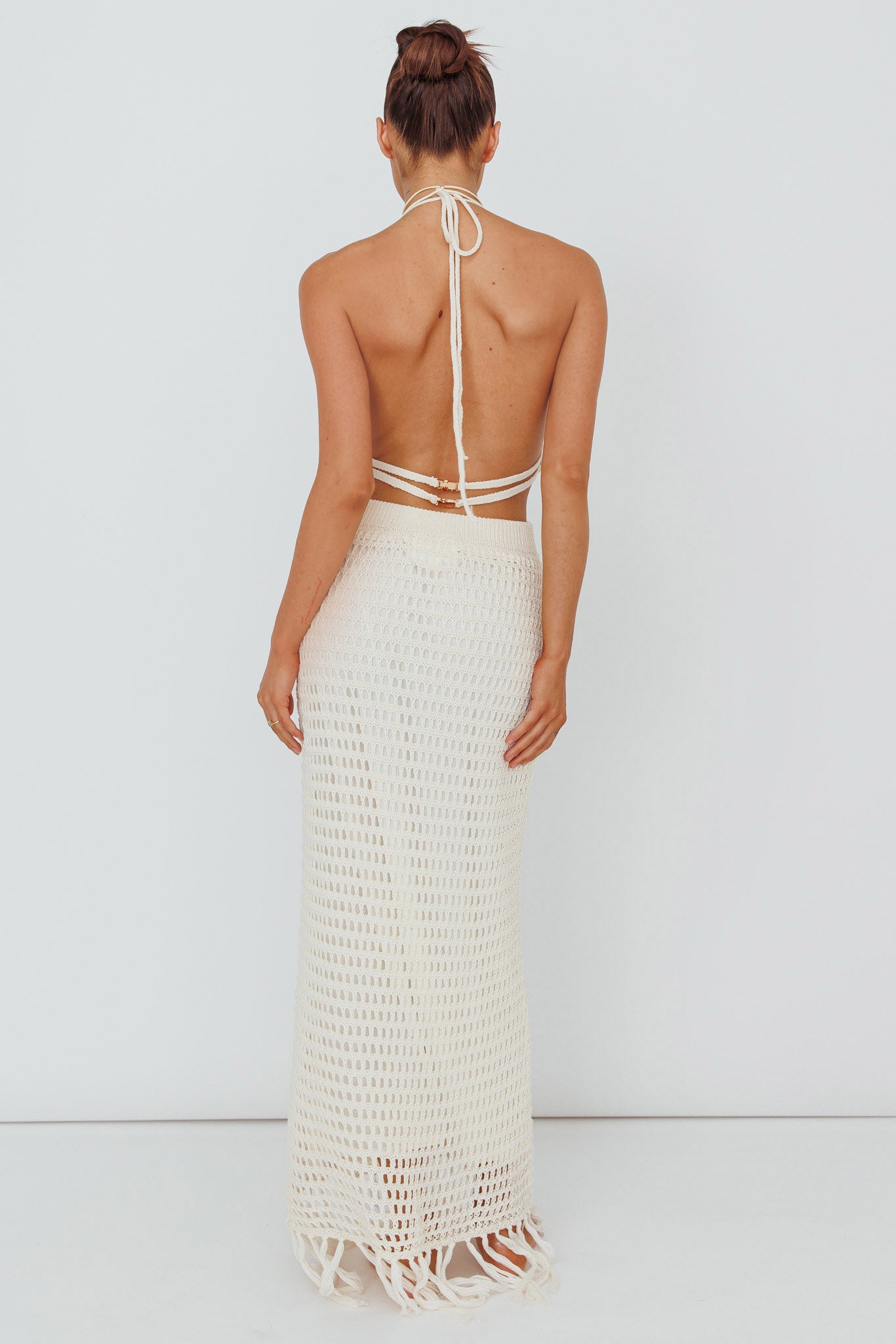 Lelei Crochet Open Back Maxi Dress Beige by Selfie Leslie Australia