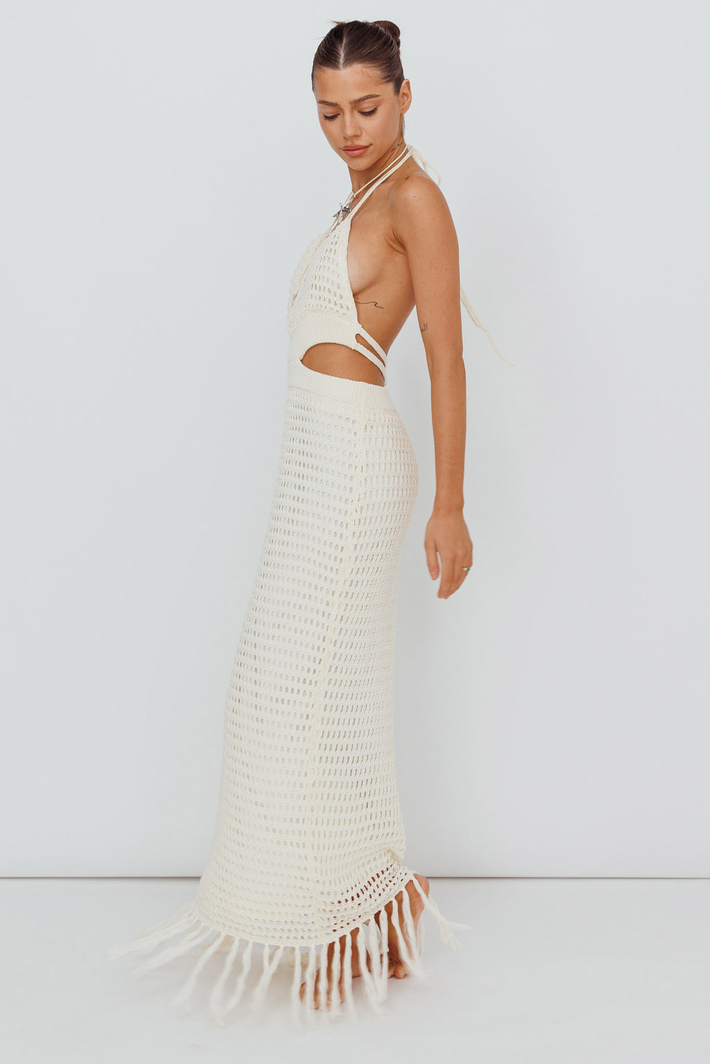 Lelei Crochet Open Back Maxi Dress Beige by Selfie Leslie Australia