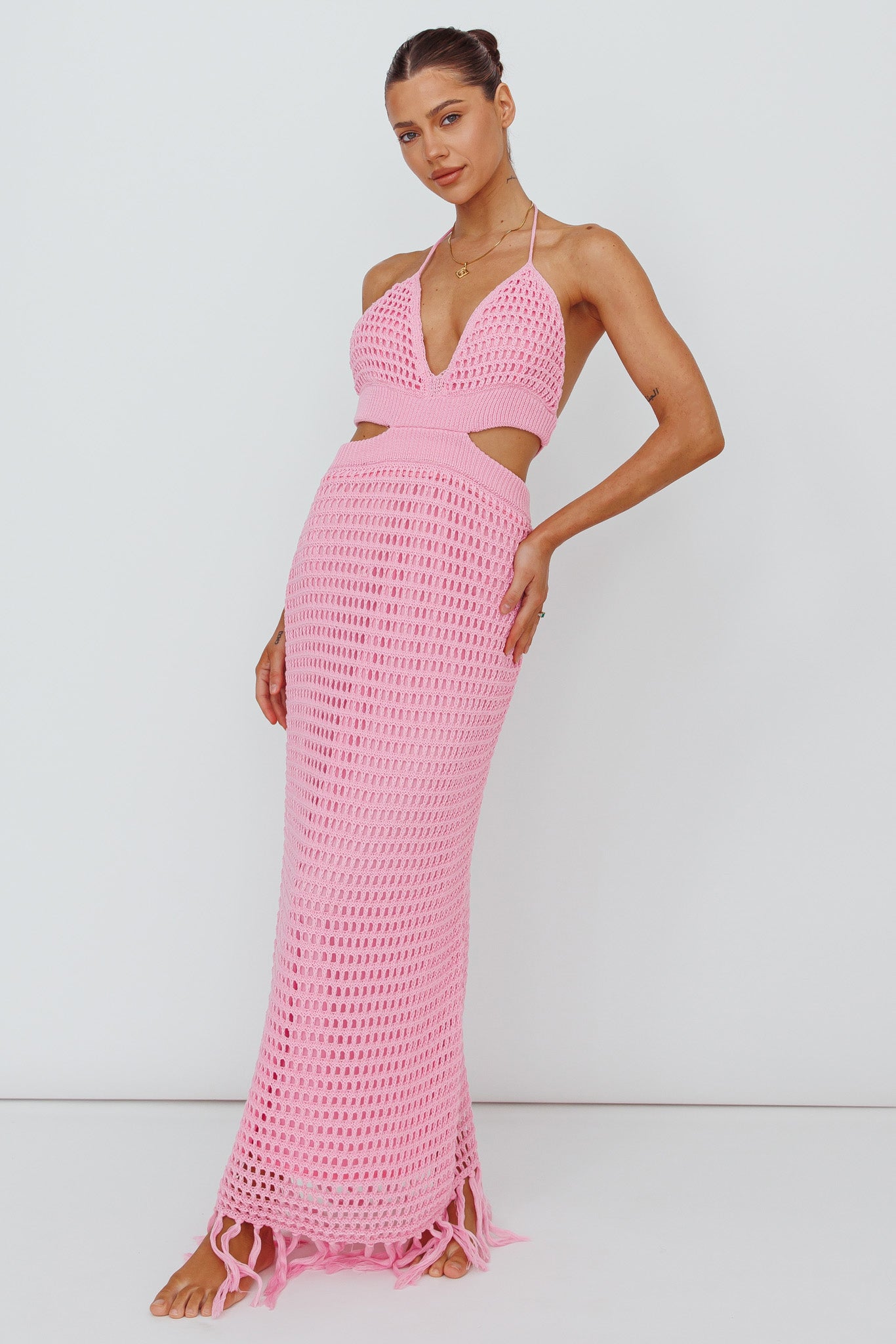 Lelei Crochet Open Back Maxi Dress Pink by Selfie Leslie Australia