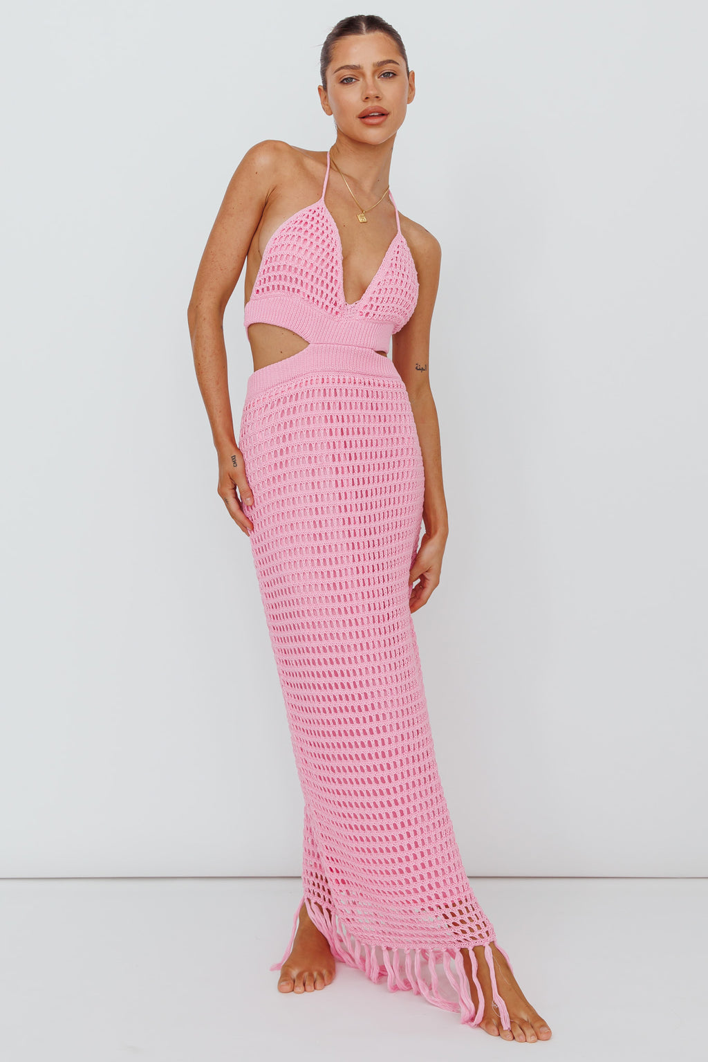 Lelei Crochet Open Back Maxi Dress Pink by Selfie Leslie Australia