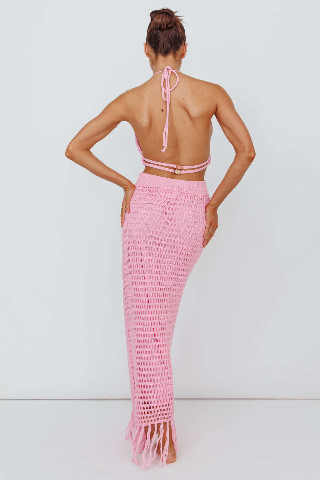 Lelei Crochet Open Back Maxi Dress Pink by Selfie Leslie Australia