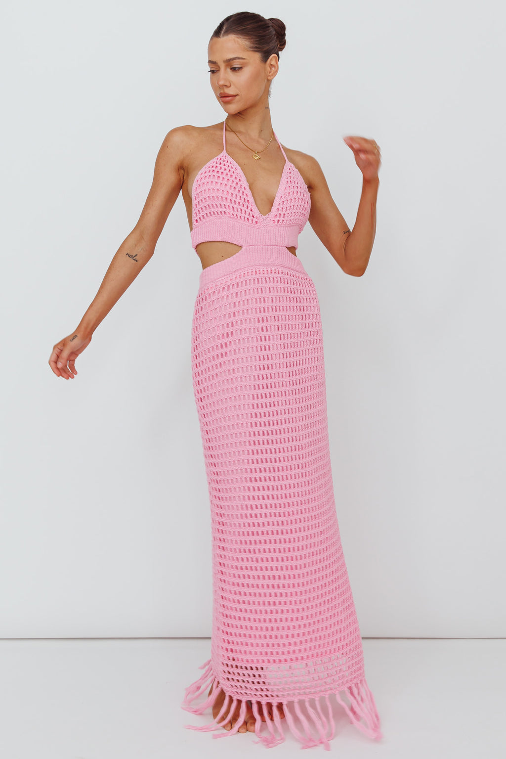 Lelei Crochet Open Back Maxi Dress Pink by Selfie Leslie Australia