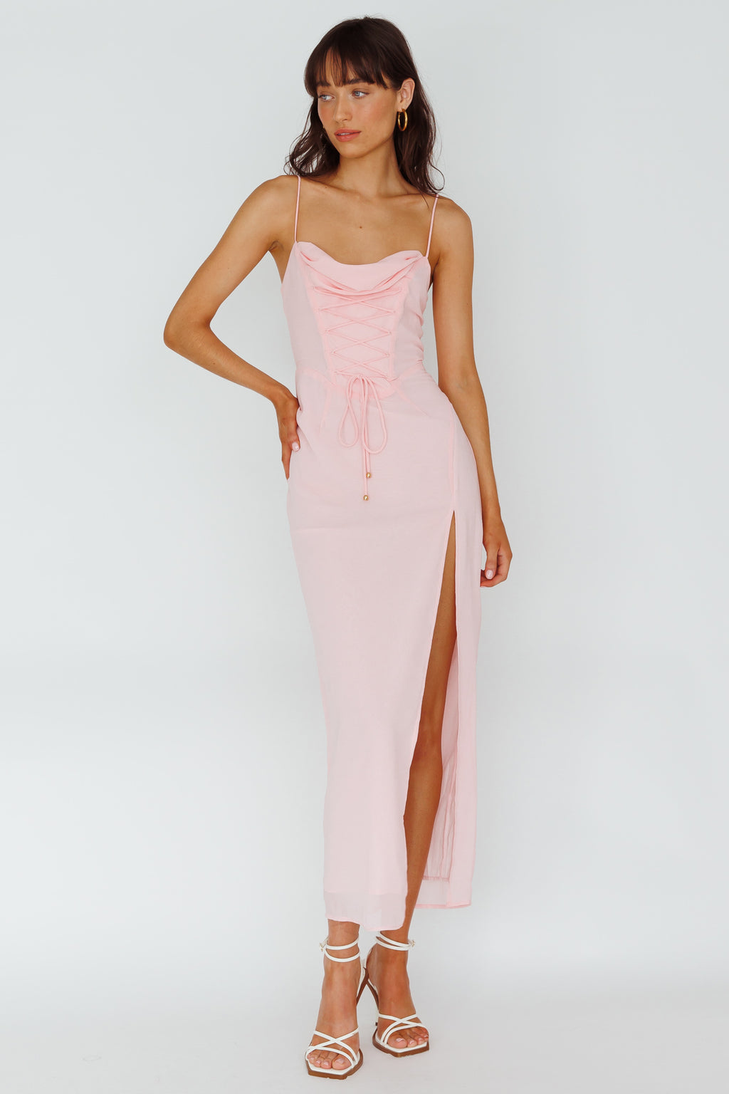 Ryanna Laced Bodice Split Midi Dress Pink by Selfie Leslie Australia