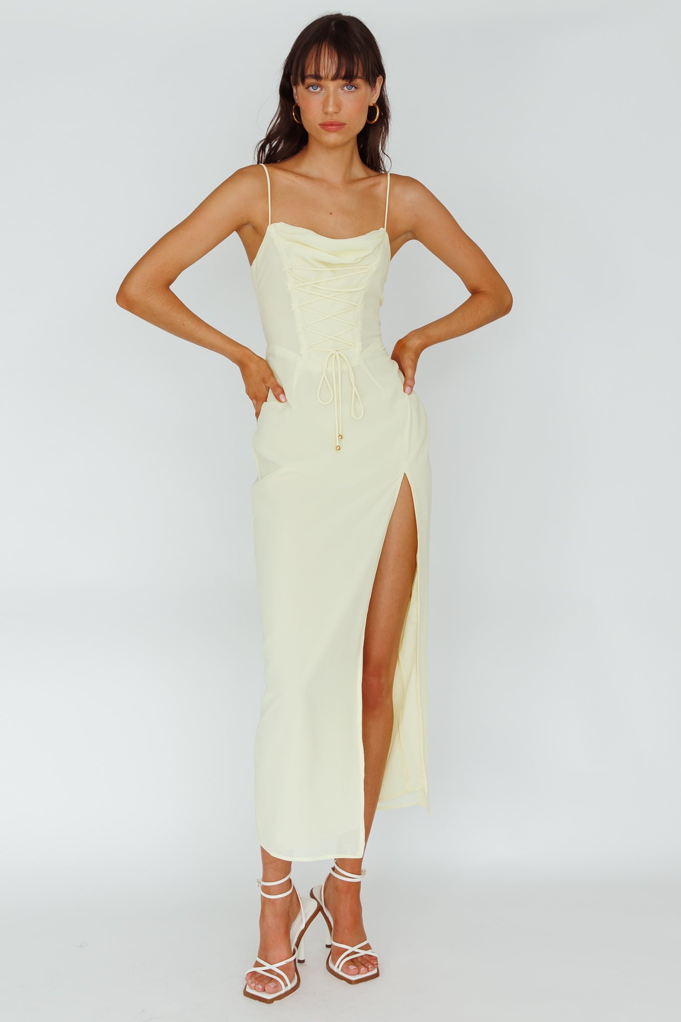 Ryanna Laced Bodice Split Midi Dress Yellow by Selfie Leslie Australia