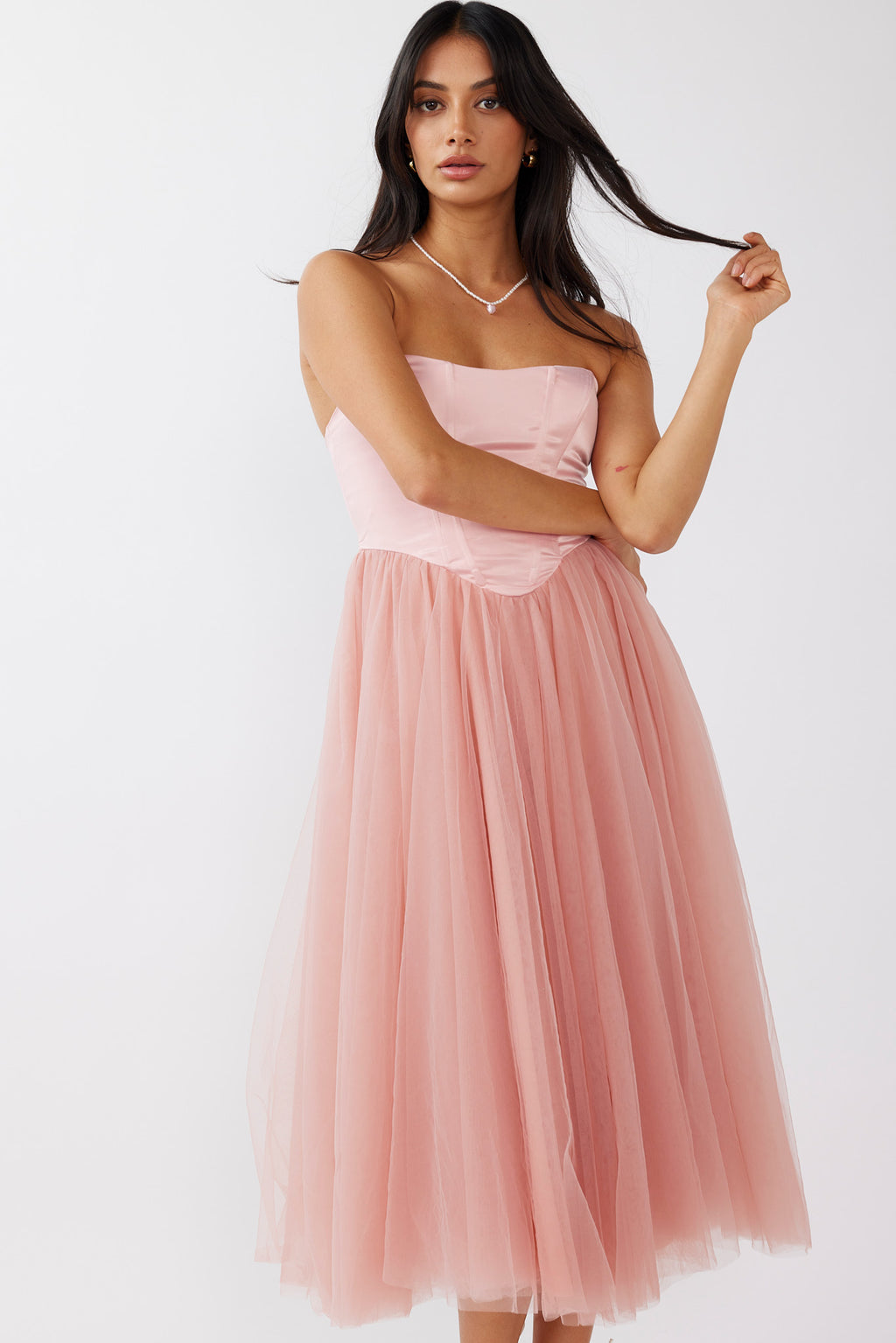 Rosemary Tulle Bustier Midi Dress Pink by Selfie Leslie Australia