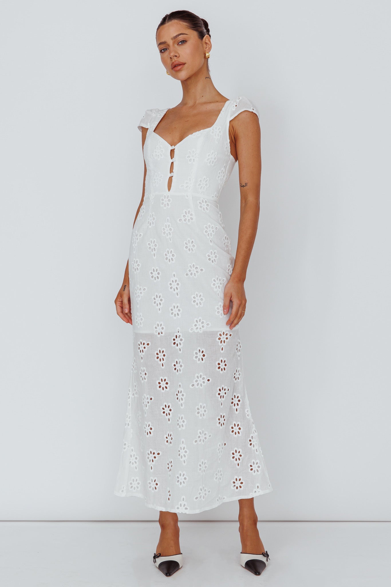 Bohemian Sun Cap Sleeve Eyelet Midi Dress White by Selfie Leslie Australia