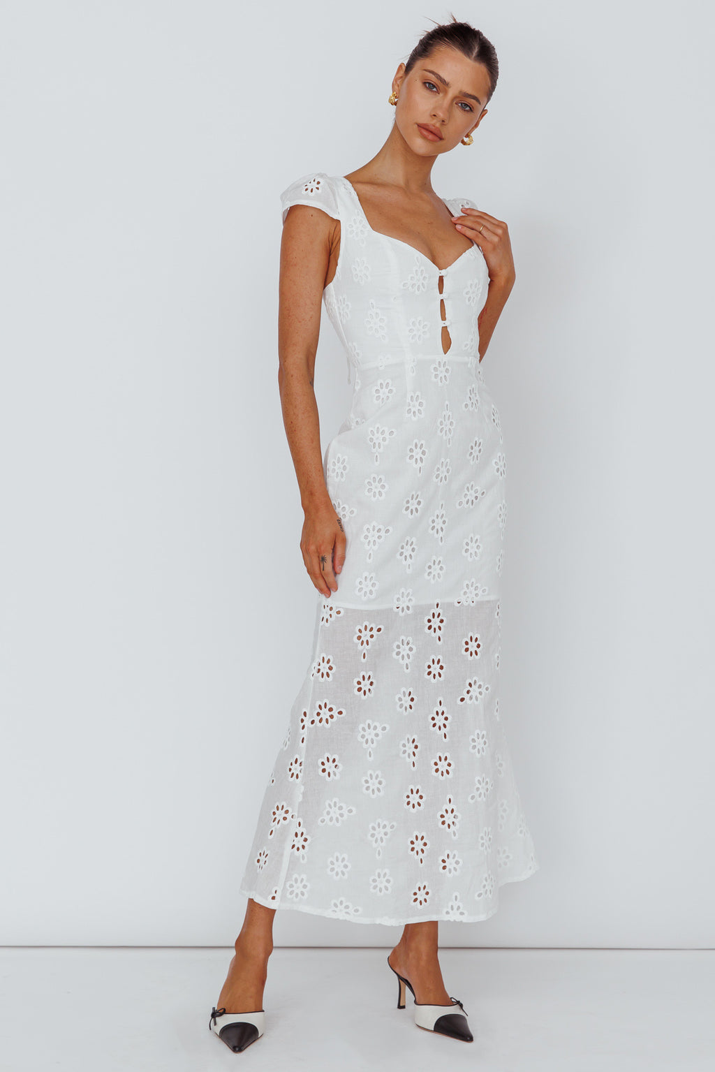 Bohemian Sun Cap Sleeve Eyelet Midi Dress White by Selfie Leslie Australia