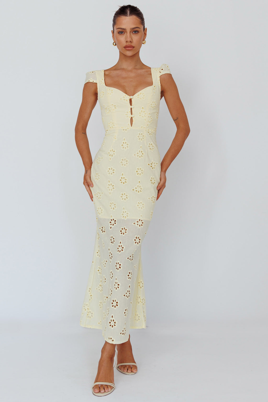 Bohemian Sun Cap Sleeve Eyelet Midi Dress Yellow by Selfie Leslie Australia