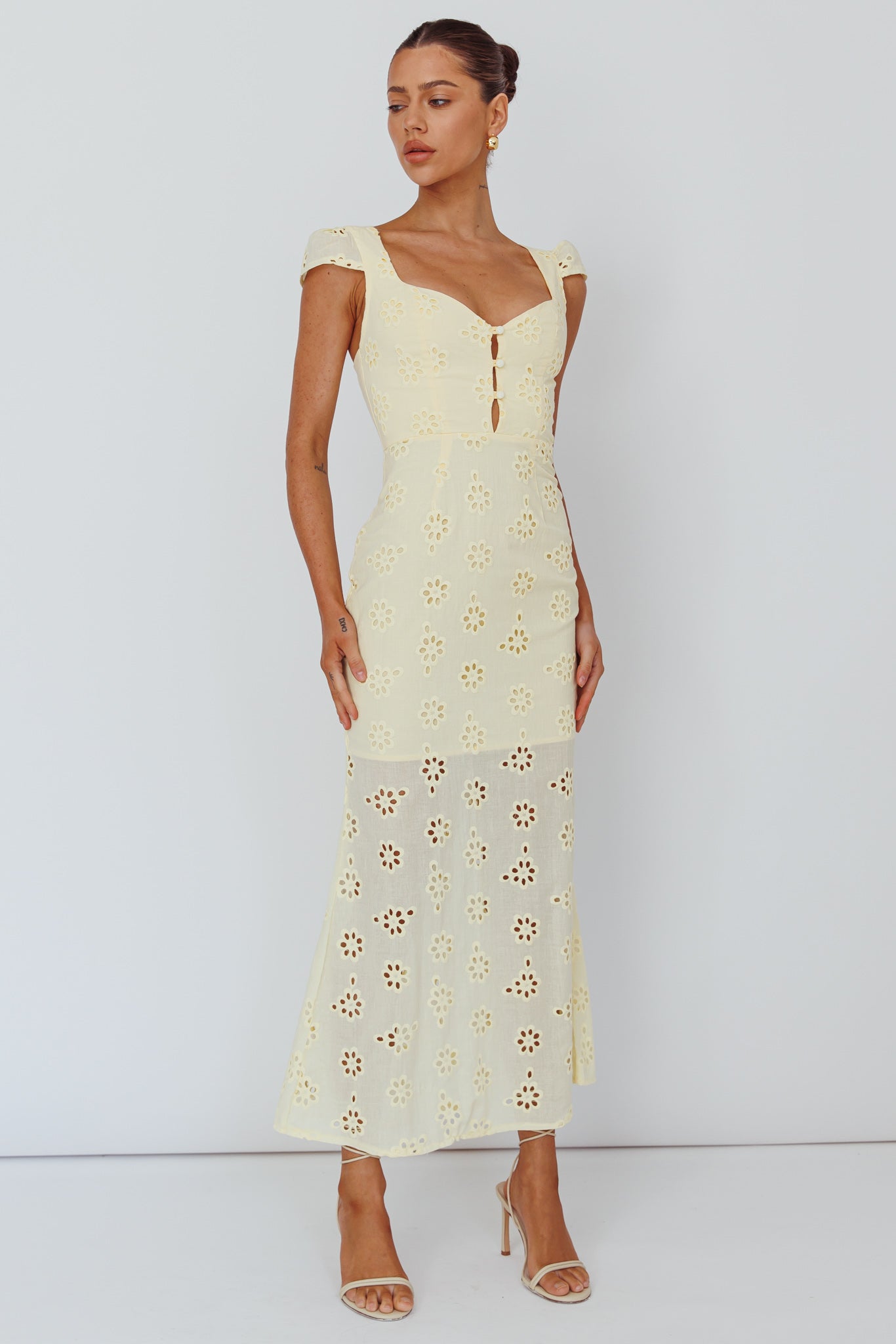 Bohemian Sun Cap Sleeve Eyelet Midi Dress Yellow by Selfie Leslie Australia