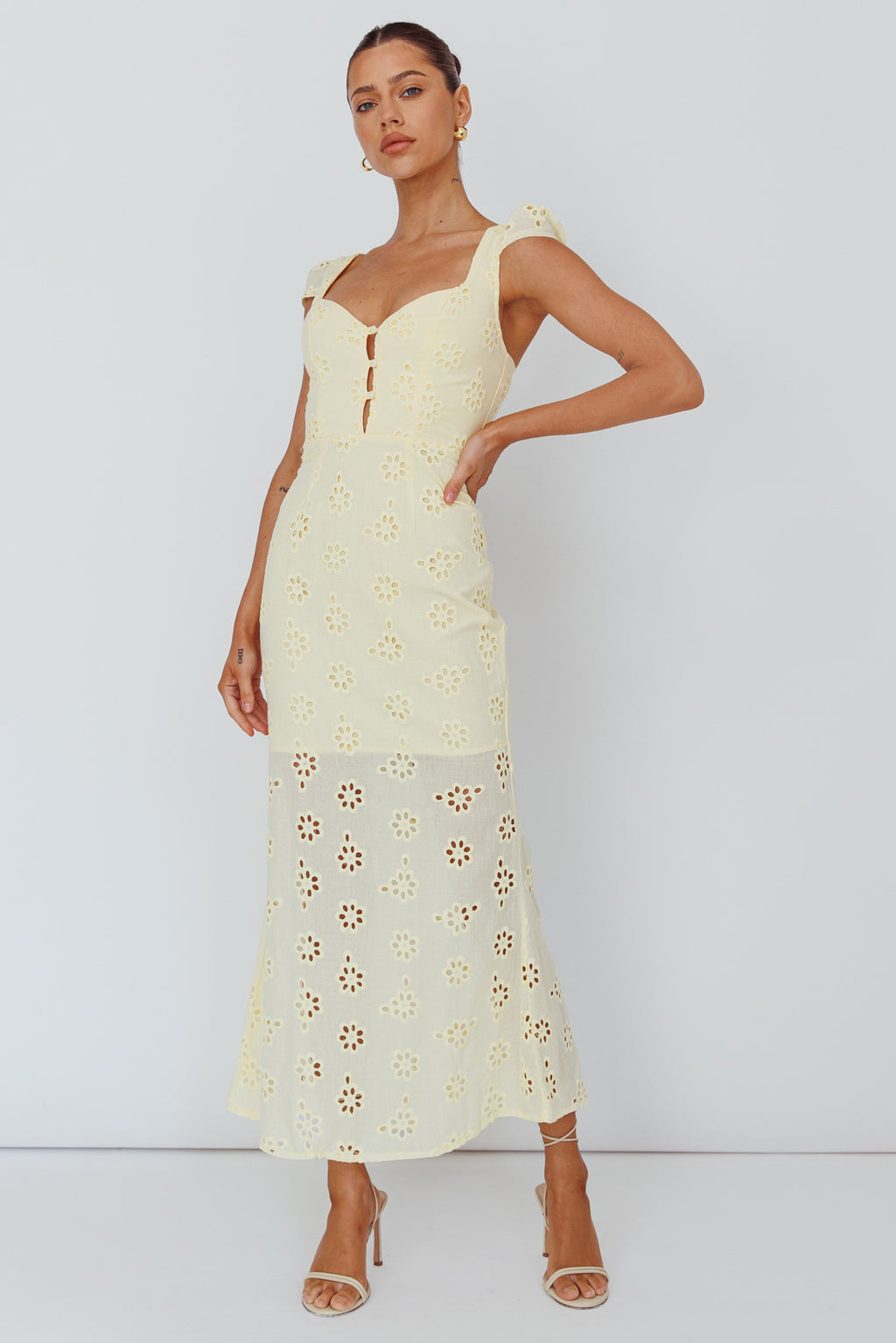 Bohemian Sun Cap Sleeve Eyelet Midi Dress Yellow by Selfie Leslie Australia