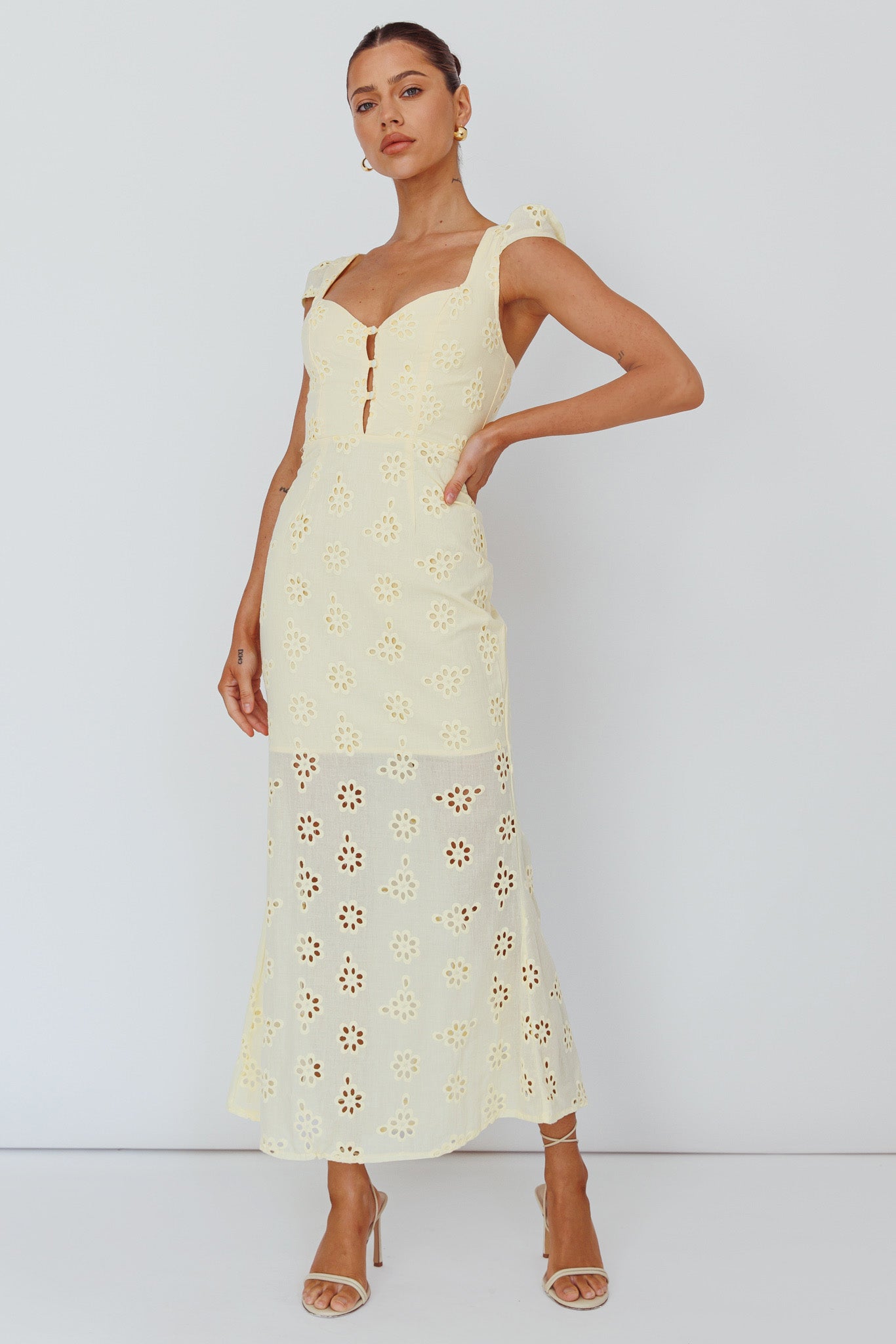 Bohemian Sun Cap Sleeve Eyelet Midi Dress Yellow by Selfie Leslie Australia
