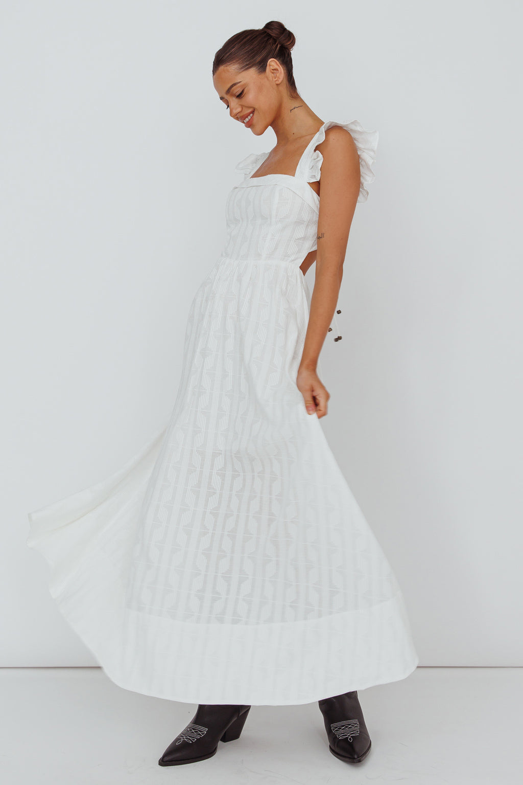 Greatest Hits Ruffle Strap Maxi Dress White by Selfie Leslie Australia