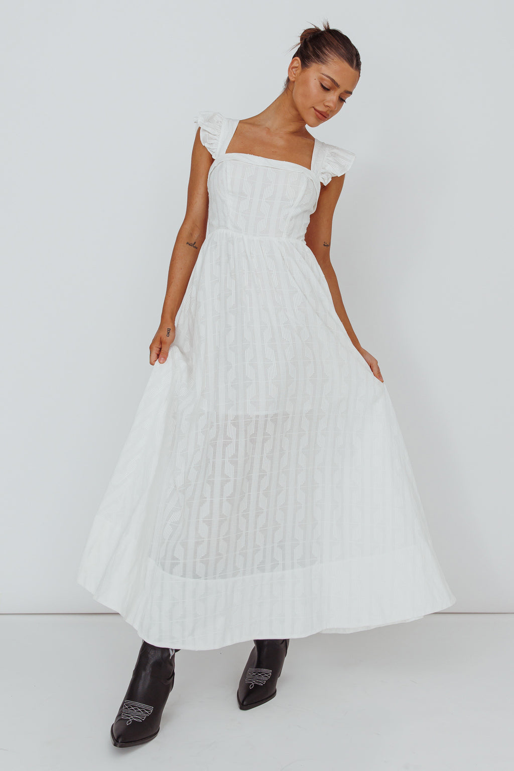 Greatest Hits Ruffle Strap Maxi Dress White by Selfie Leslie Australia