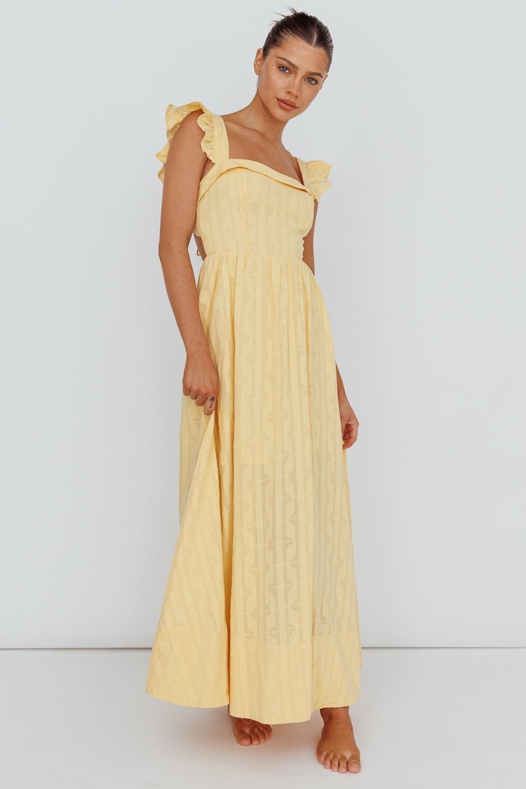 Greatest Hits Ruffle Strap Maxi Dress Yellow by Selfie Leslie Australia