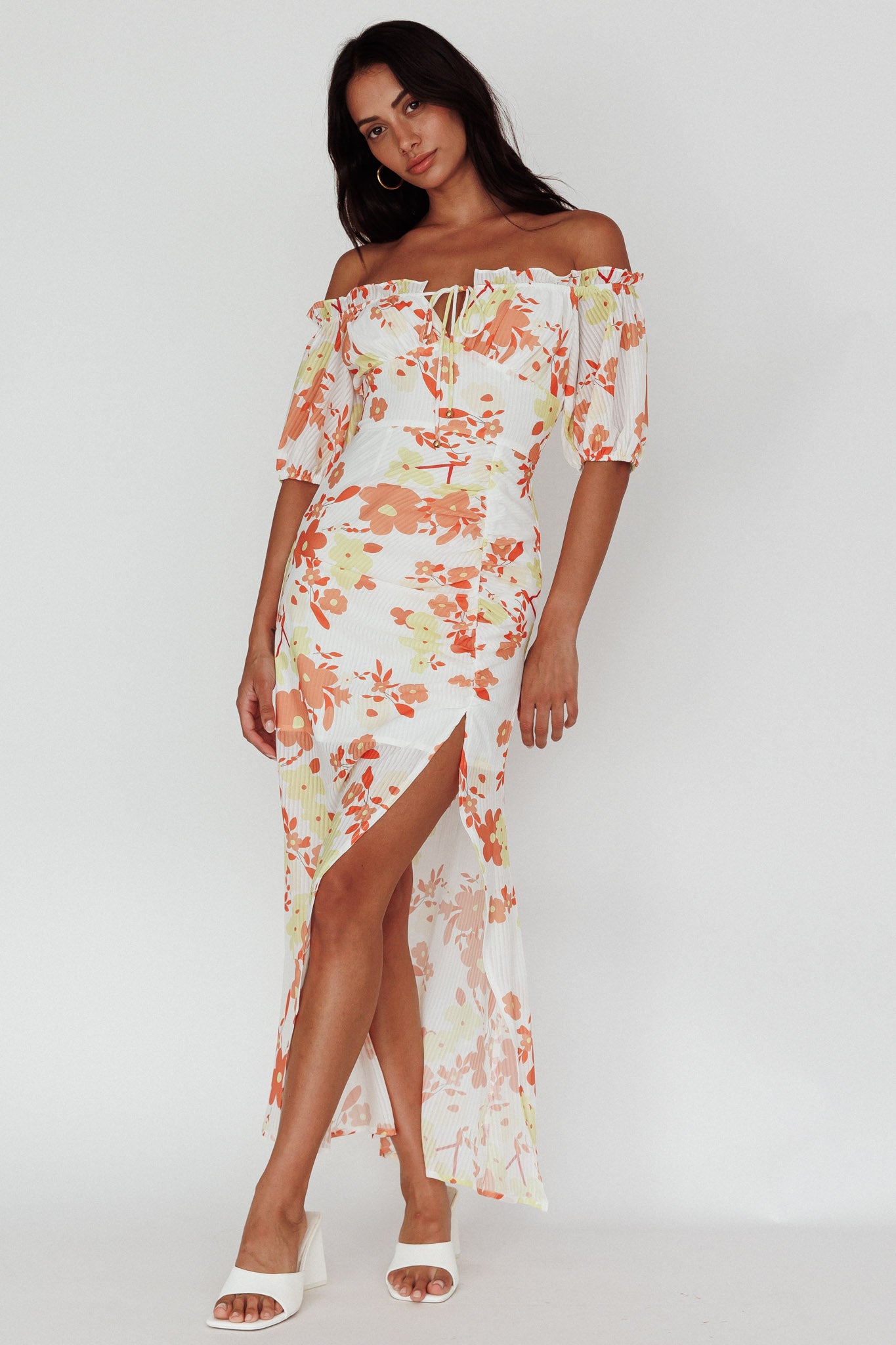 Jalynn Off-Shoulder Split Midi Dress Floral Orange by Selfie Leslie Australia