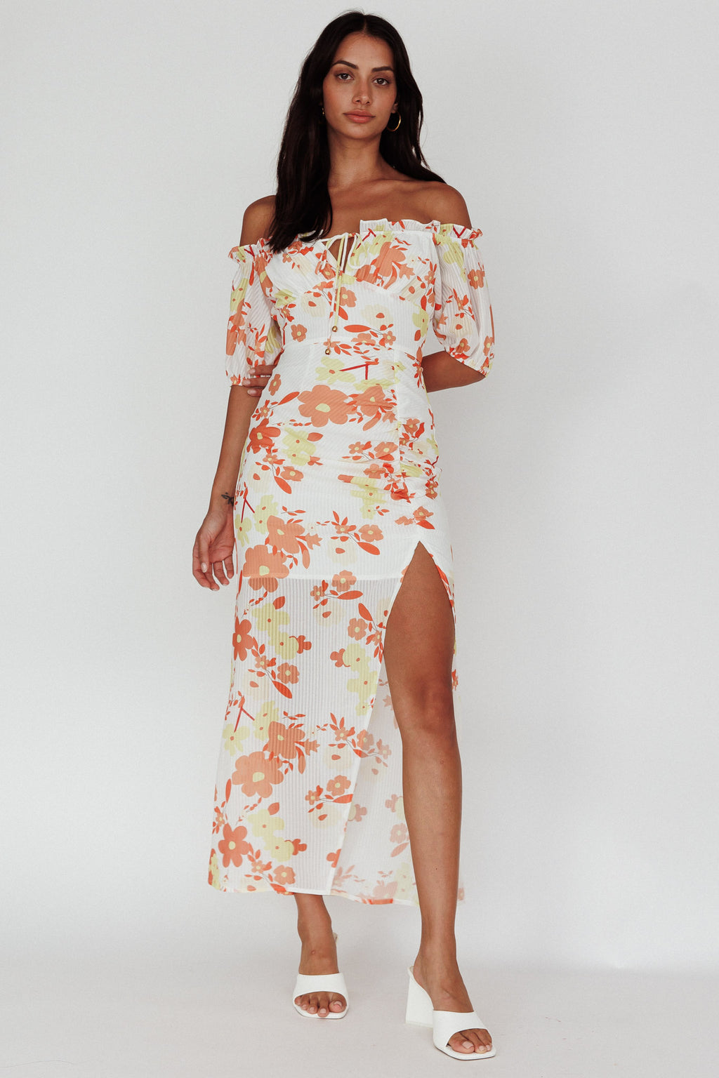 Jalynn Off-Shoulder Split Midi Dress Floral Orange by Selfie Leslie Australia