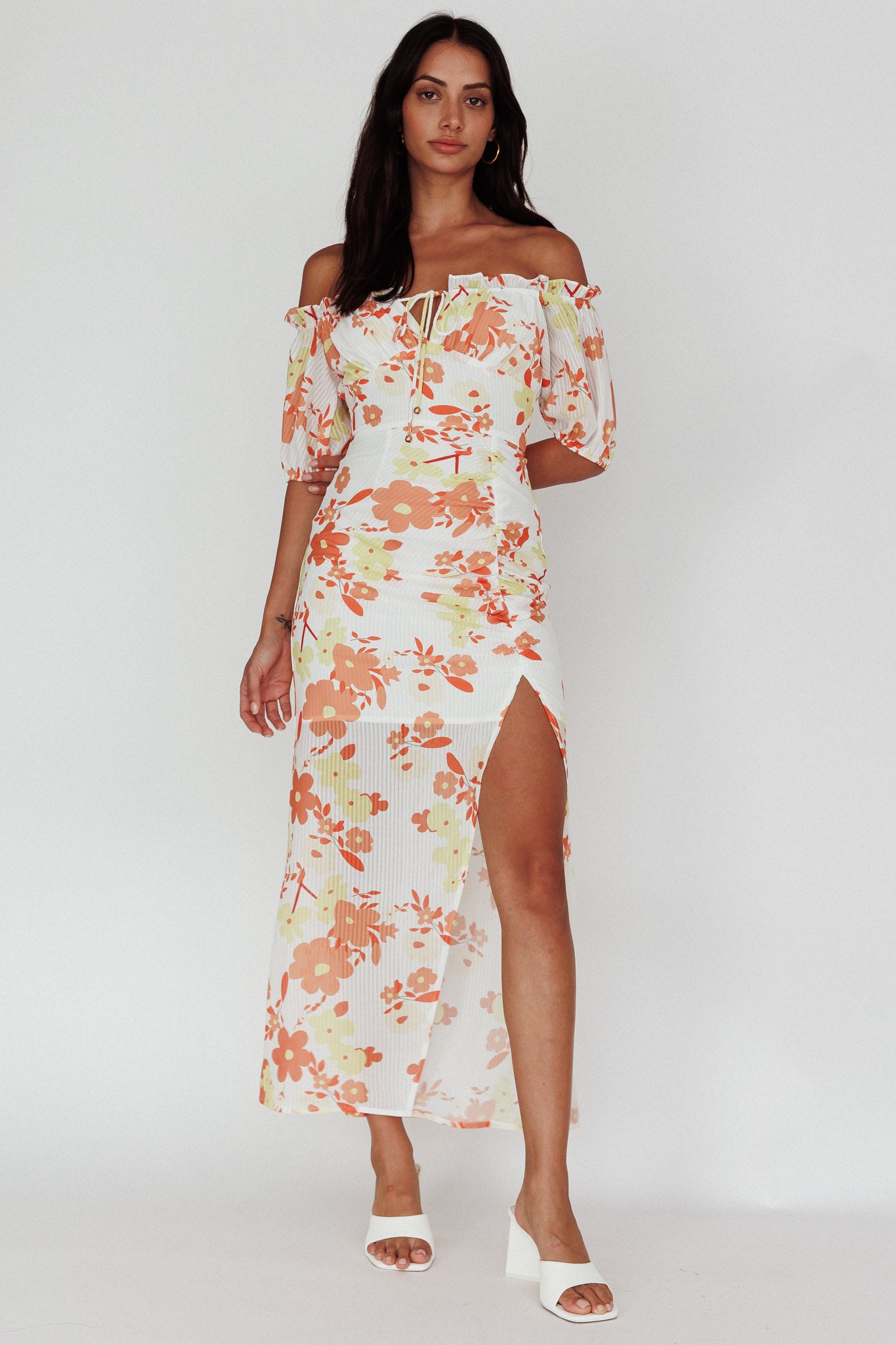 Jalynn Off-Shoulder Split Midi Dress Floral Orange by Selfie Leslie Australia