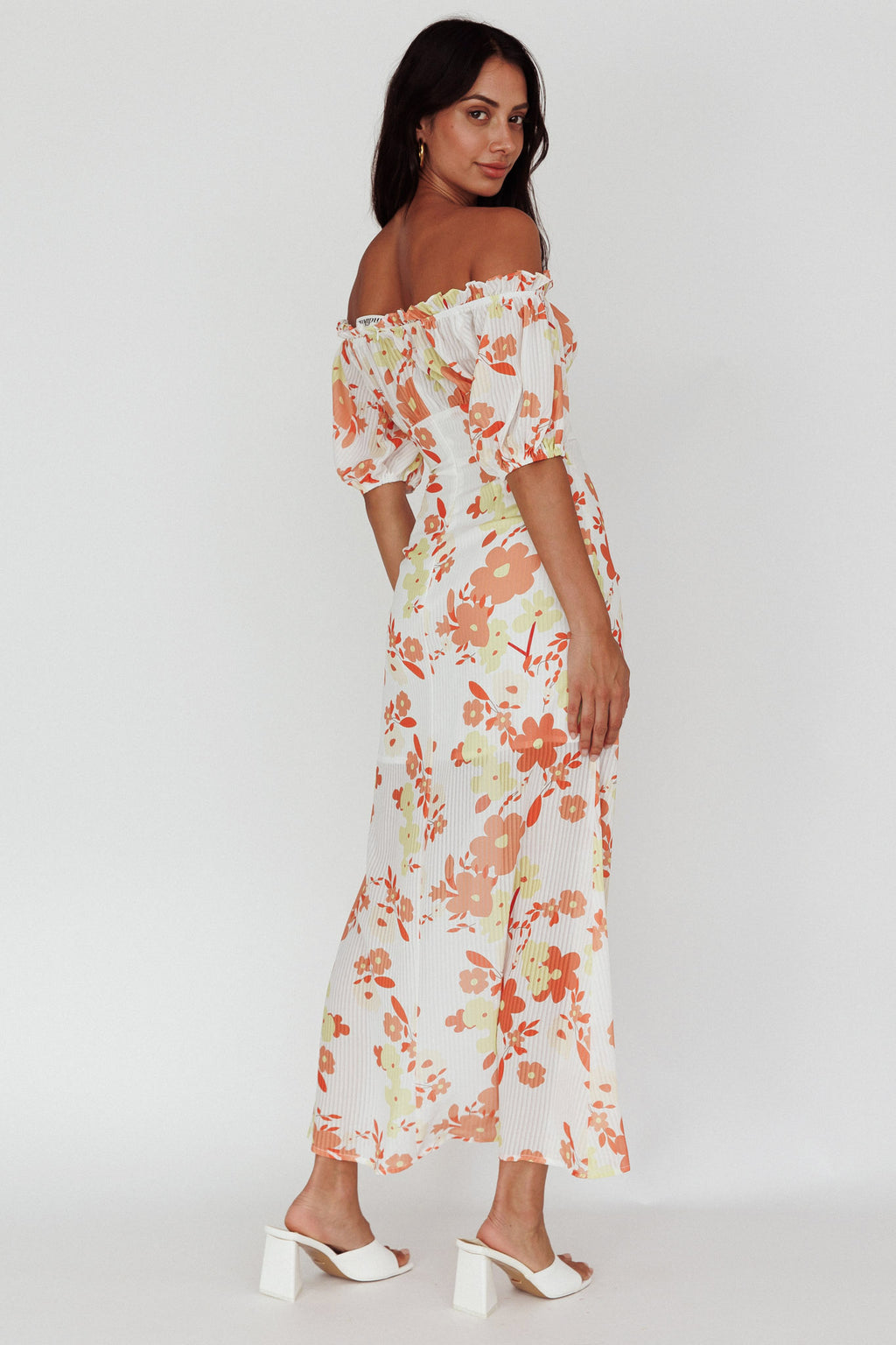 Jalynn Off-Shoulder Split Midi Dress Floral Orange by Selfie Leslie Australia