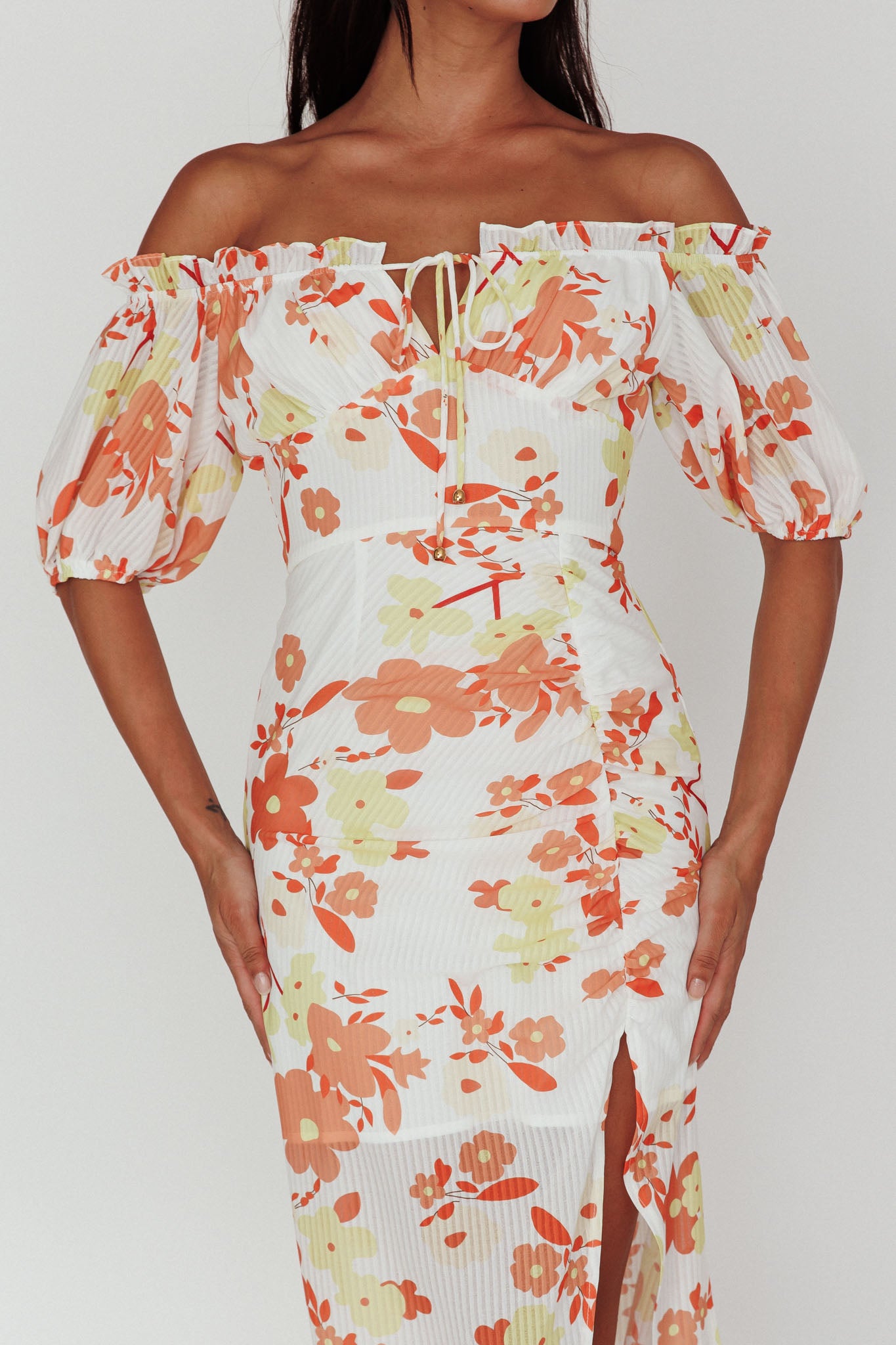 Jalynn Off-Shoulder Split Midi Dress Floral Orange by Selfie Leslie Australia