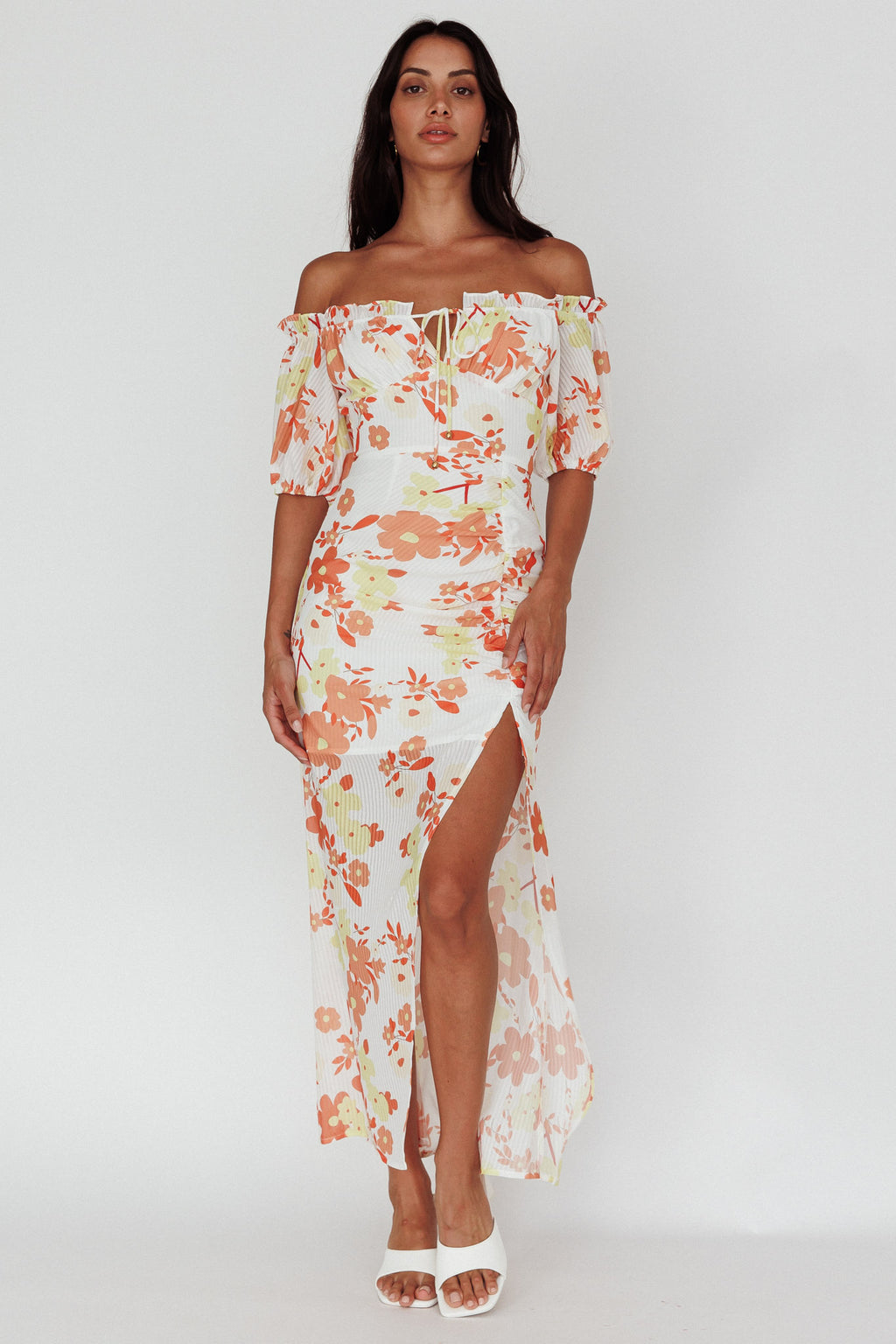 Jalynn Off-Shoulder Split Midi Dress Floral Orange by Selfie Leslie Australia