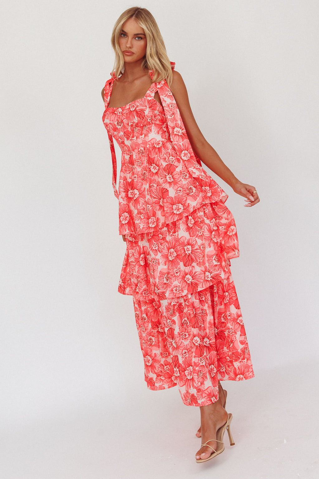 Arlowe Tied Shoulder Tiered Midi Dress Floral Pink by Selfie Leslie Australia