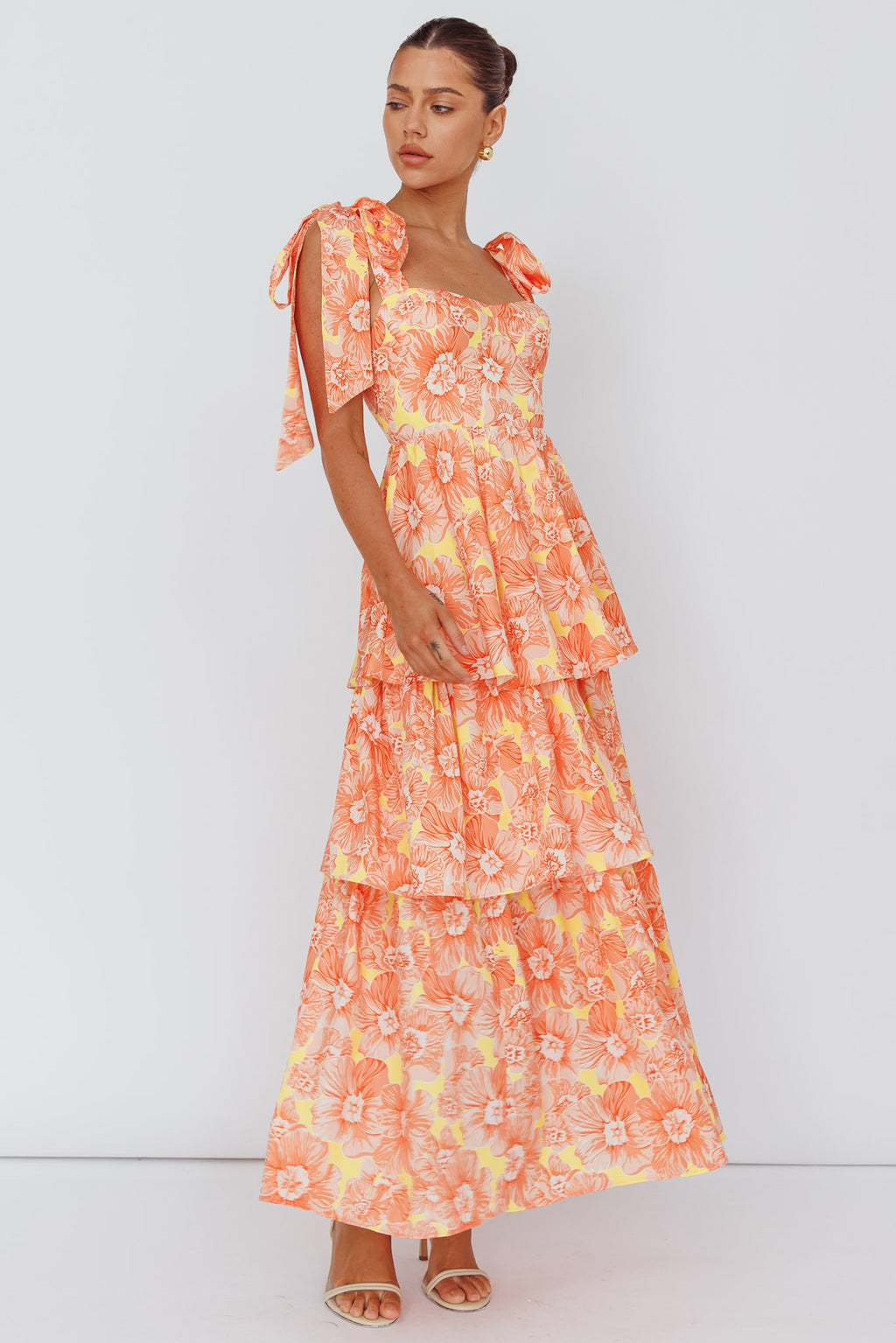 Arlowe Tied Shoulder Tiered Midi Dress Floral Orange by Selfie Leslie Australia