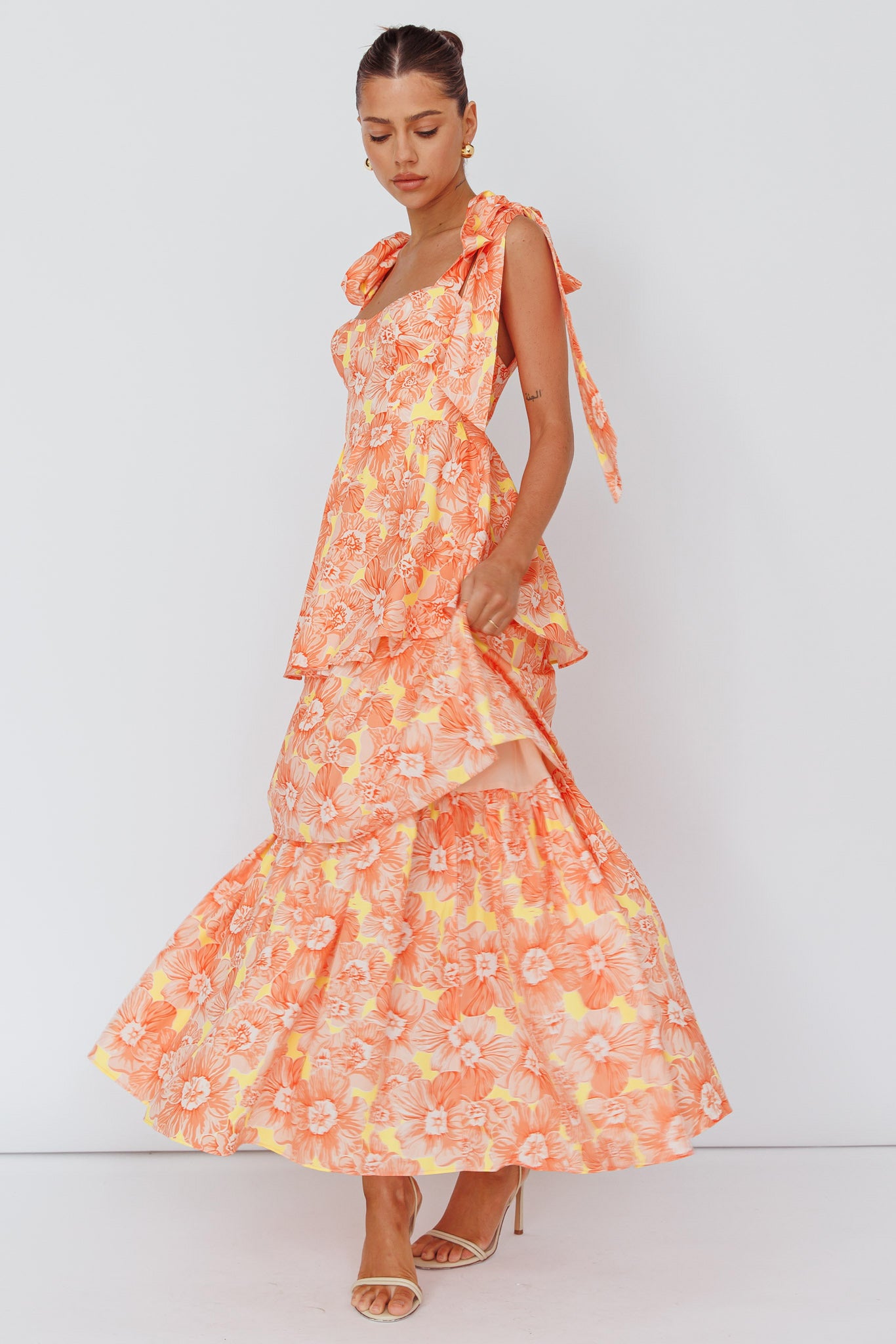 Shop the Arlowe Tied Shoulder Tiered Midi Dress Floral Orange | Selfie ...