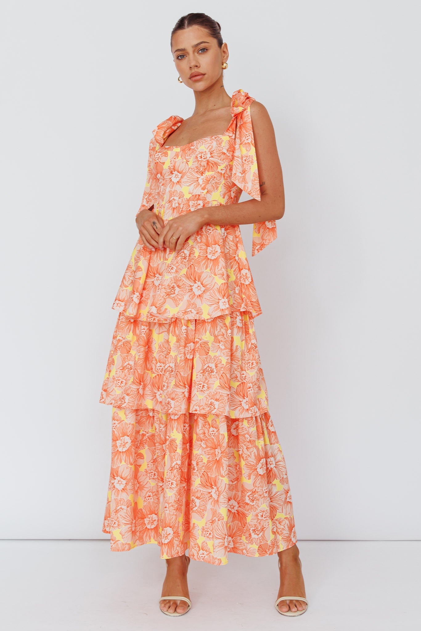 Arlowe Tied Shoulder Tiered Midi Dress Floral Orange by Selfie Leslie Australia